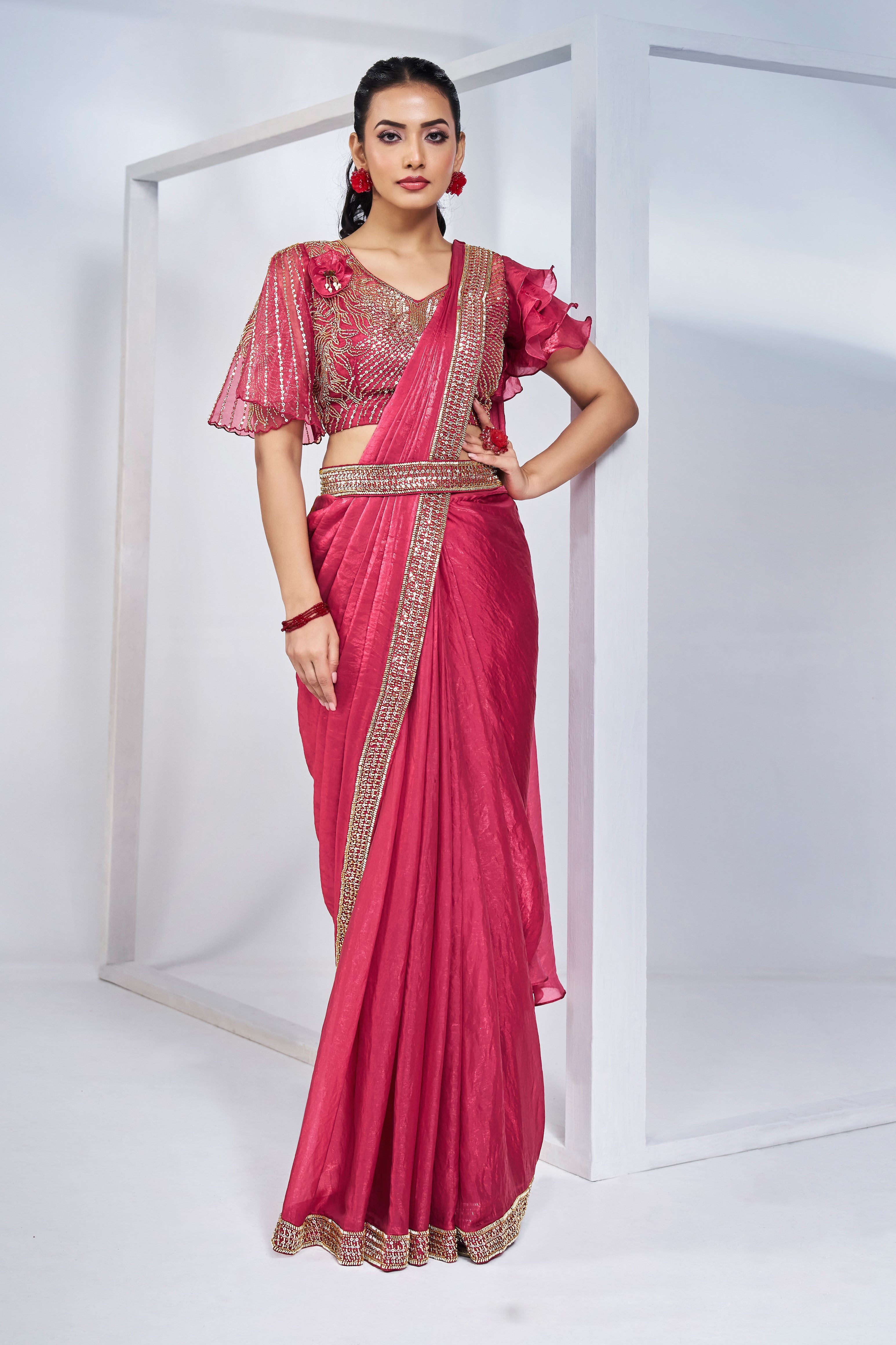Red Handwork Satin Silk Saree