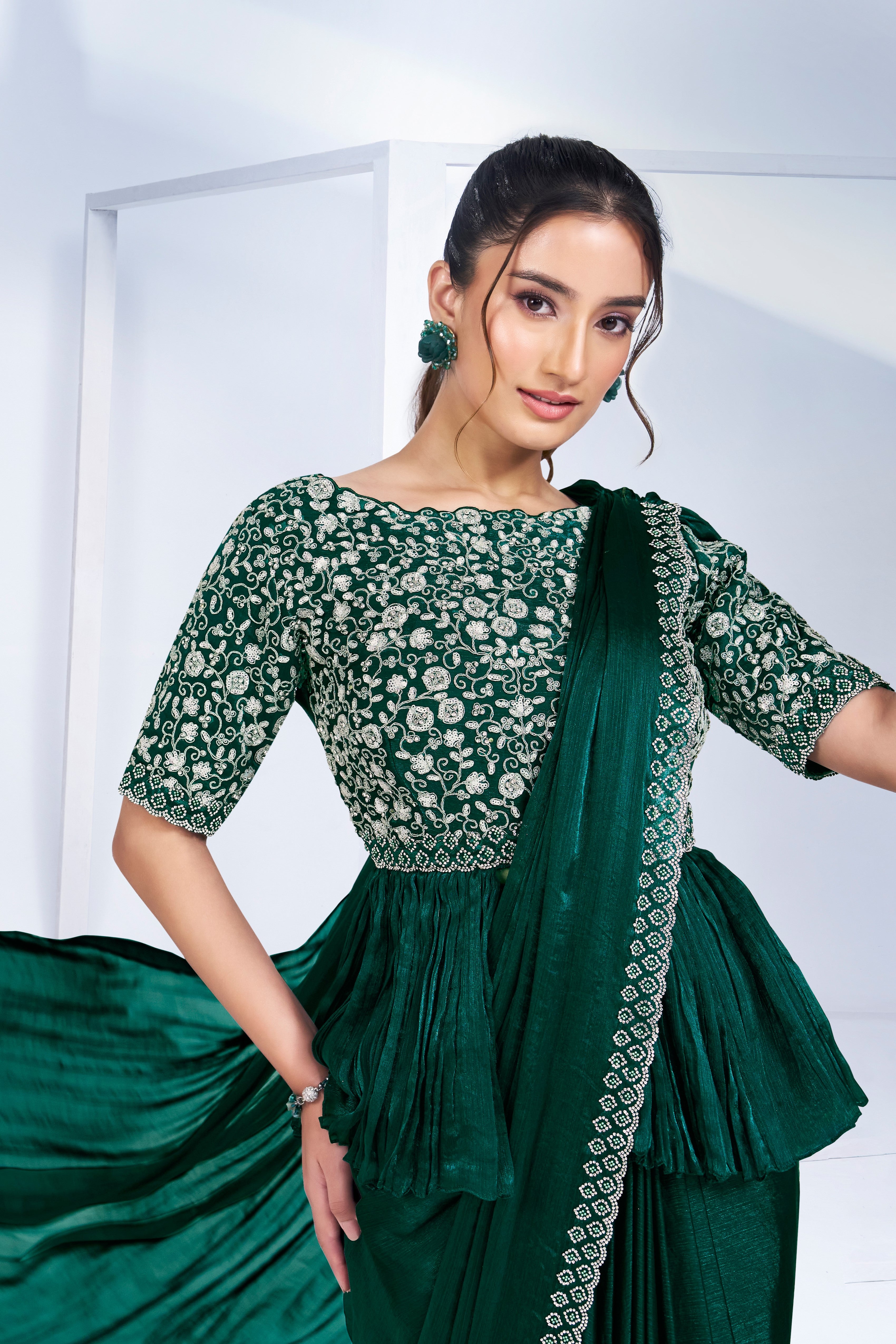 Emerald Handwork Shimmer Chinon Silk Saree