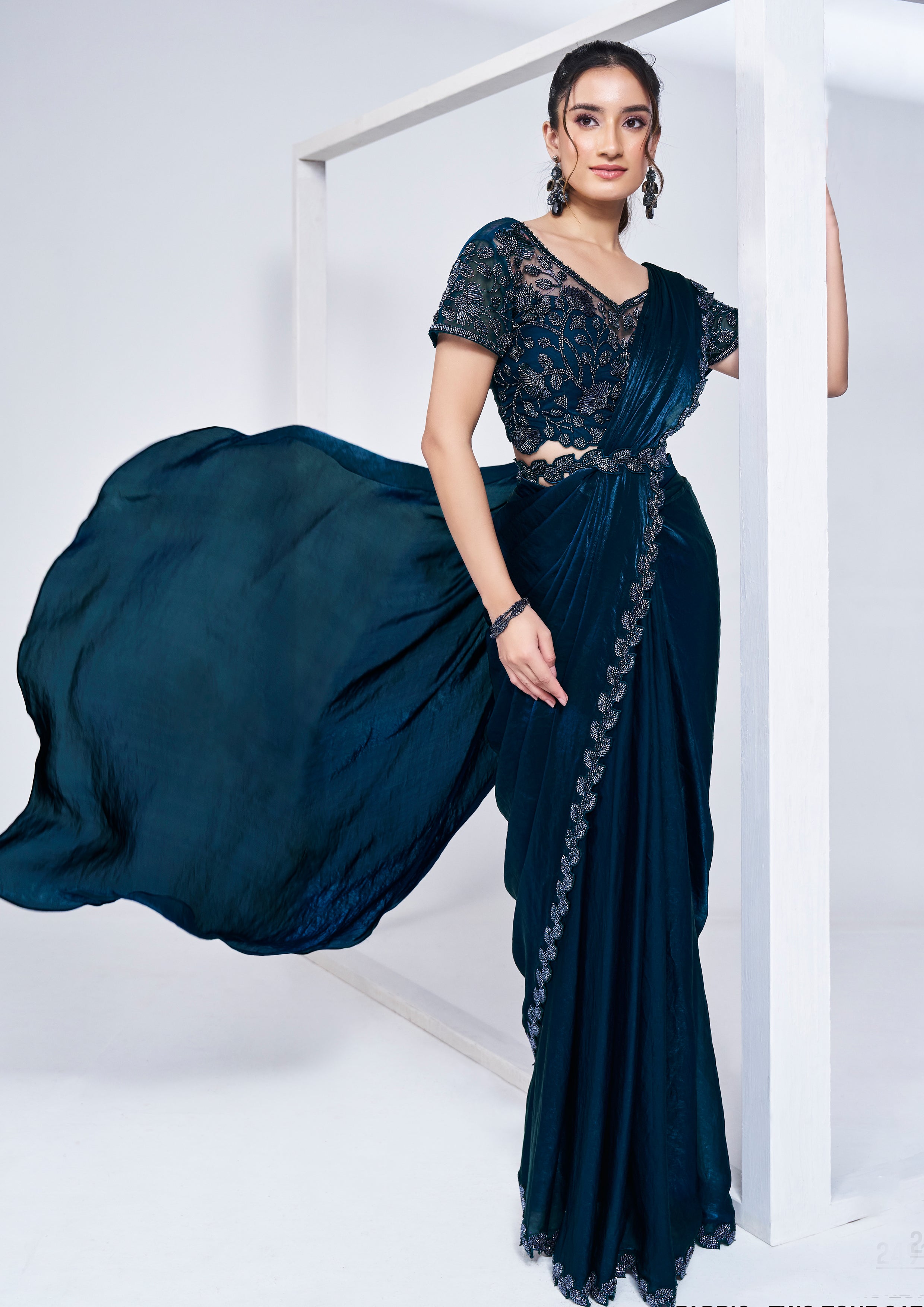 Sapphire Blue Embellished Satin Silk Saree