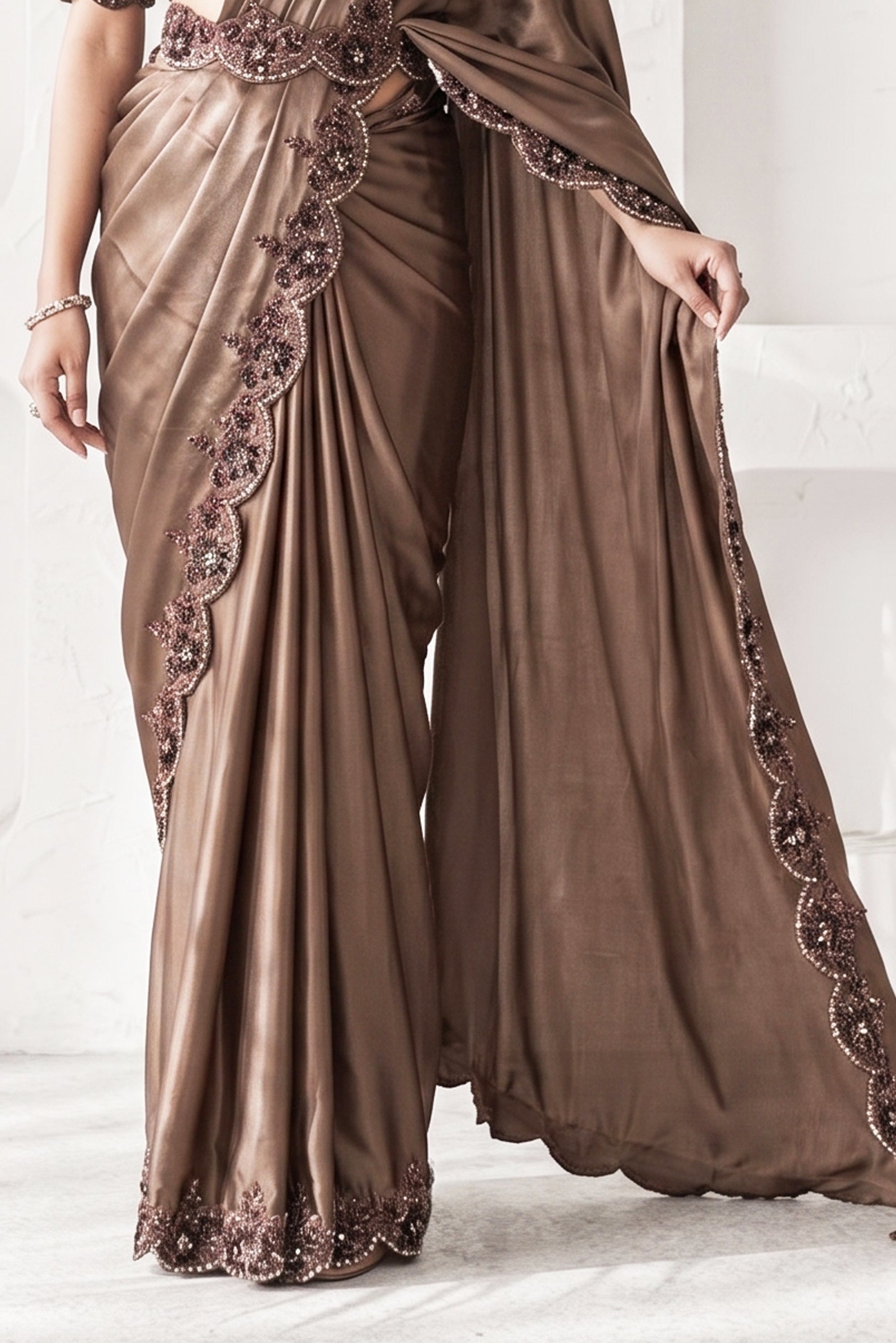Brown Latte Embellished Satin Silk Saree
