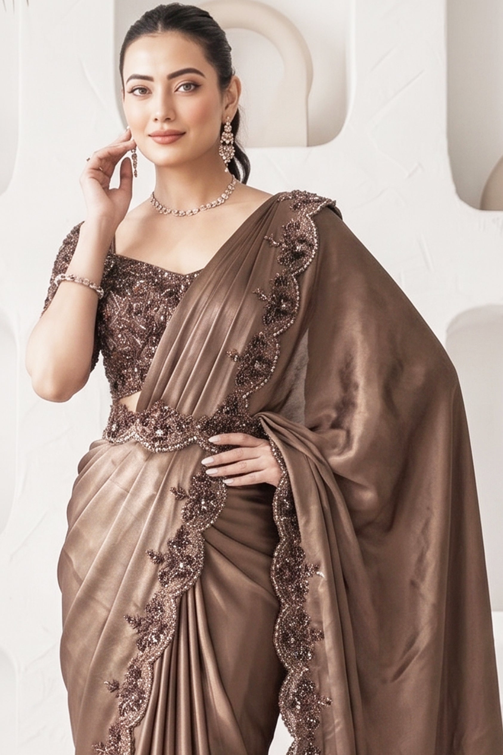 Brown Latte Embellished Satin Silk Saree