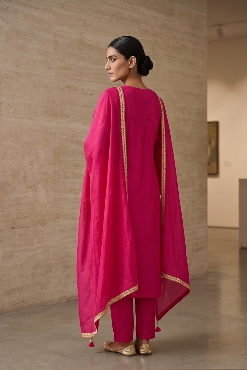 Fuchsia Pink Mul Chanderi Silk Suit Set