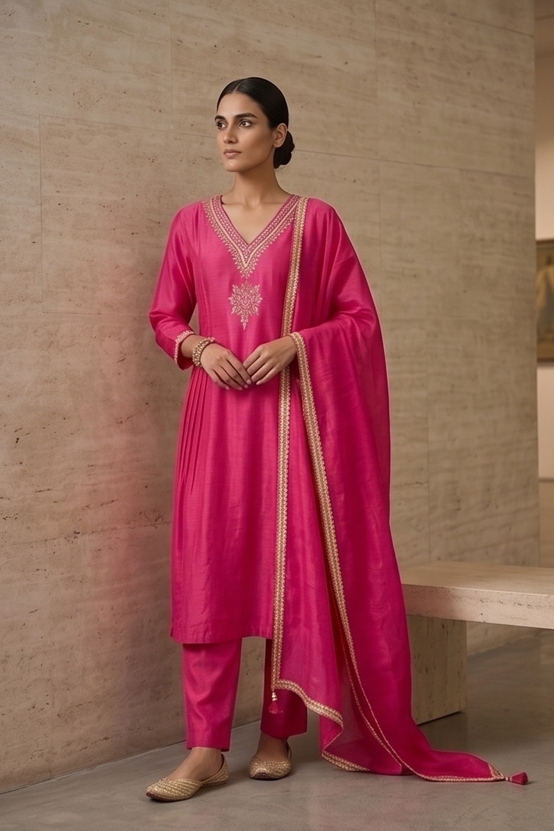 Fuchsia Pink Mul Chanderi Silk Suit Set