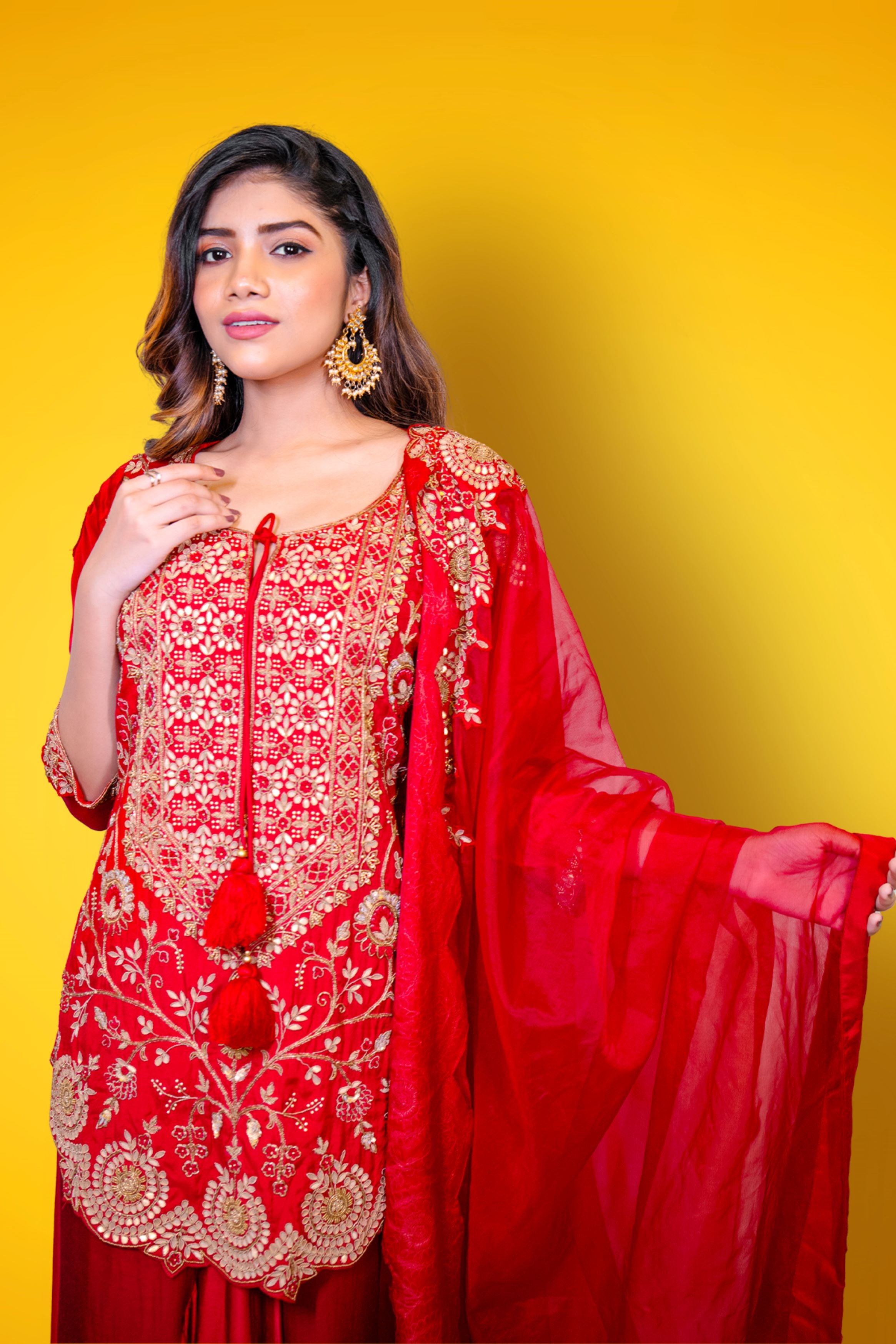 Hot Red Embellished Chennai Silk Kurta Set