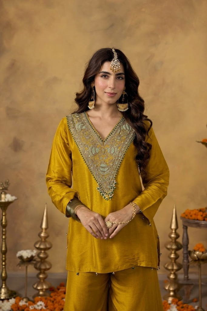 Mustard Yellow Embellished Raw Silk Palazzo Set