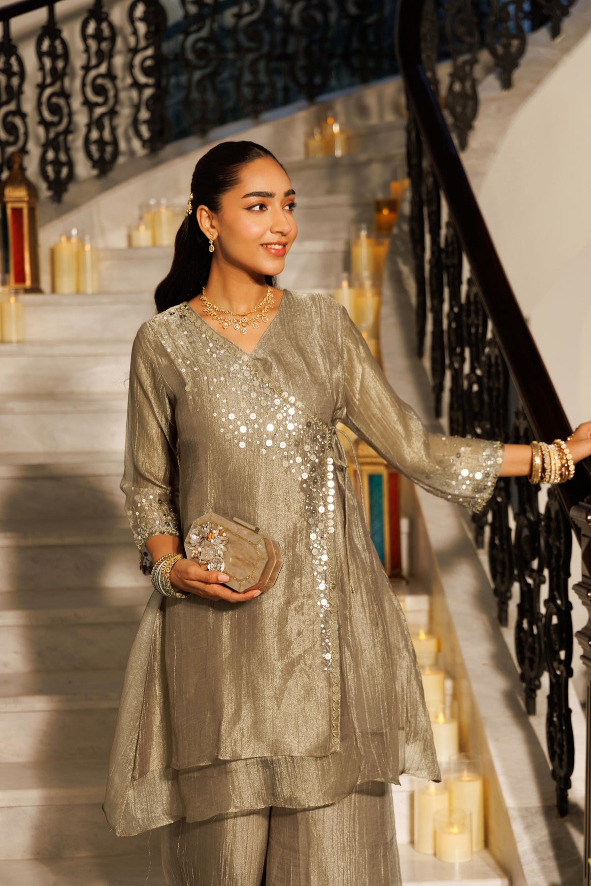 Metallic Brown Embellished Shimmer Silk Co-Ord Set