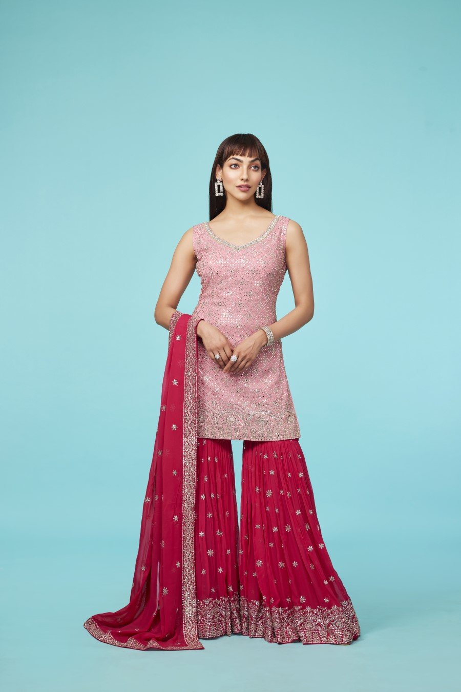 Chic Pink Embroidered Sharara Set