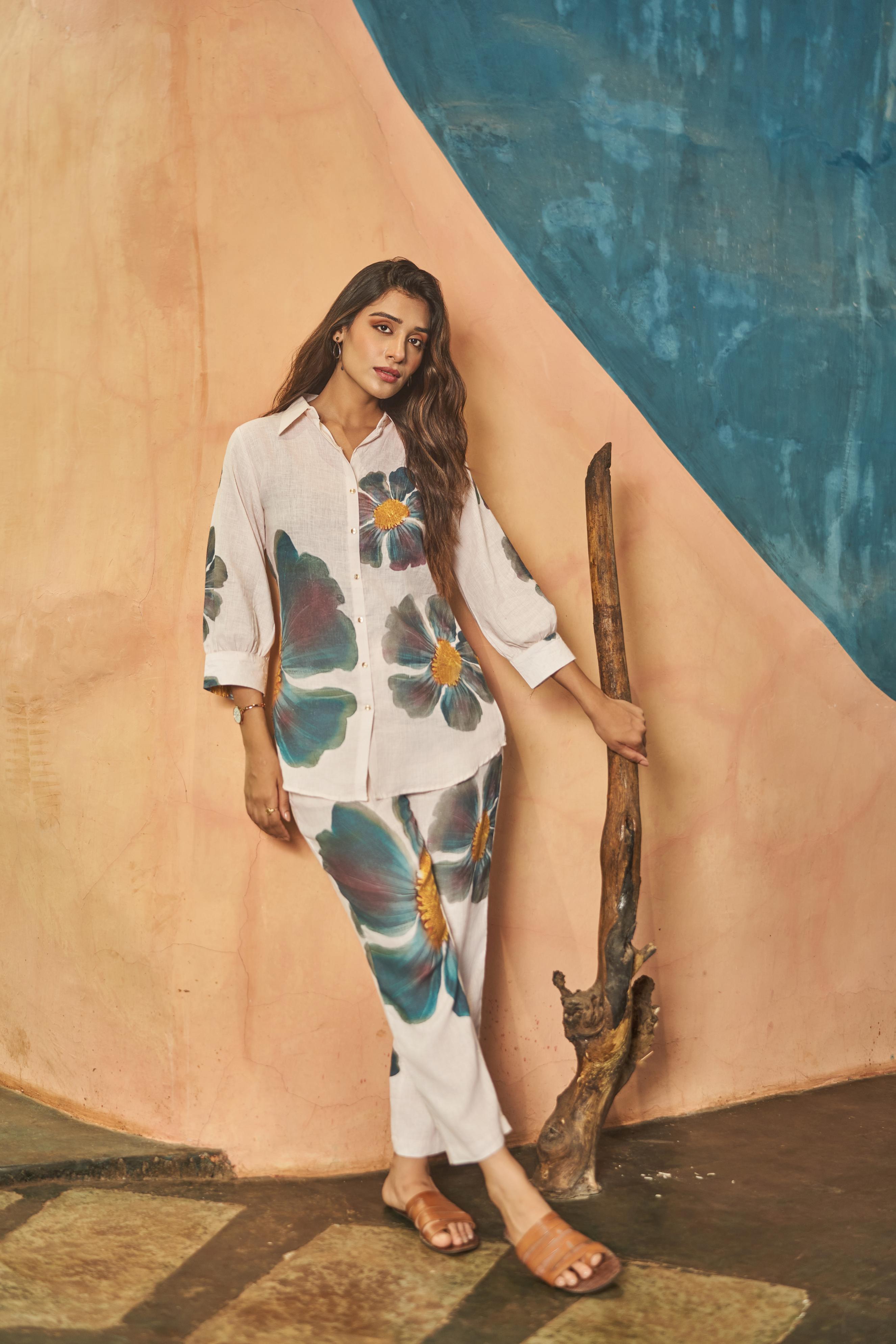 Calming White Floral Printed Belgium Linen Co-Ord Set