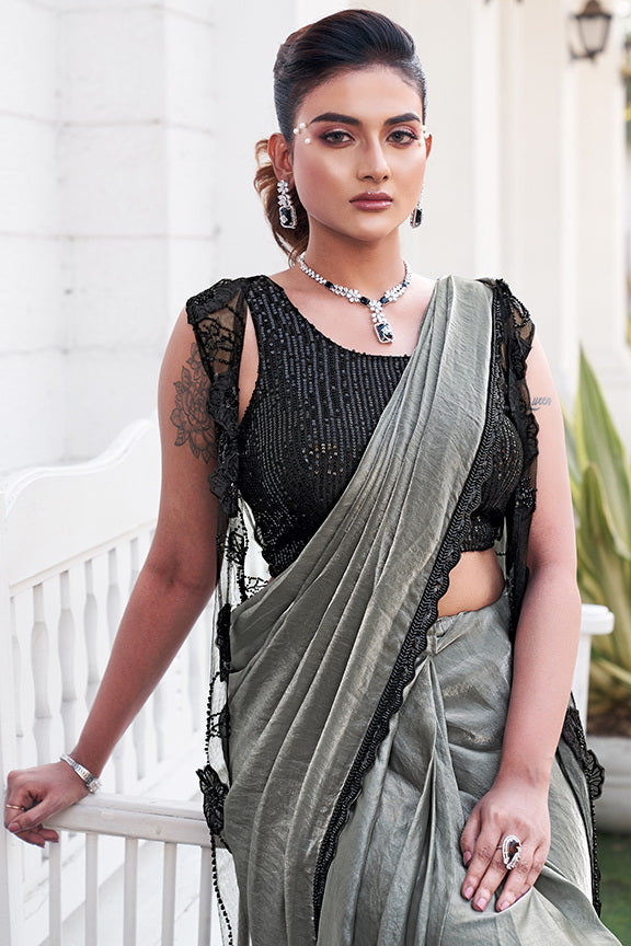 Silver Slate Embellished Satin Silk Saree