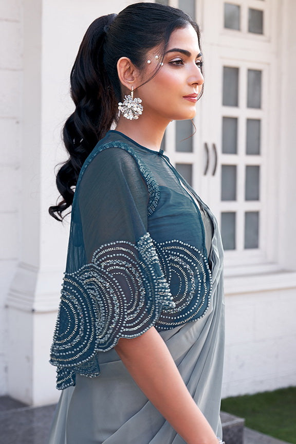 Dusty Grey Embellished Satin Silk Saree