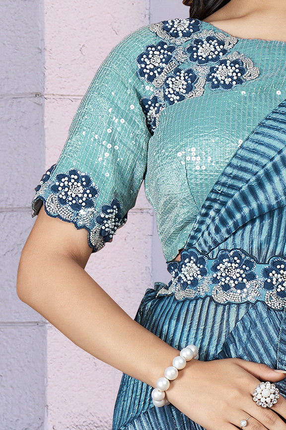 Blue Haze Embellished Crepe Satin Silk Saree