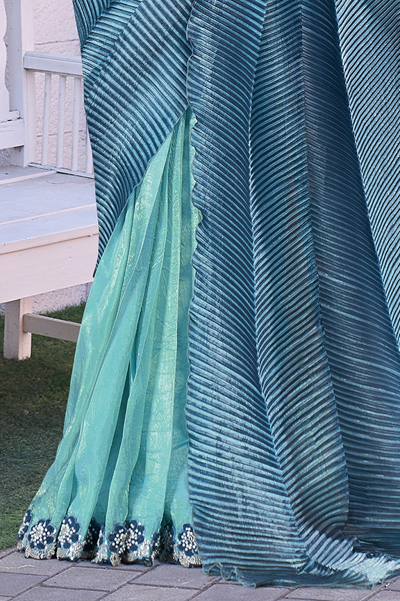 Blue Haze Embellished Crepe Satin Silk Saree