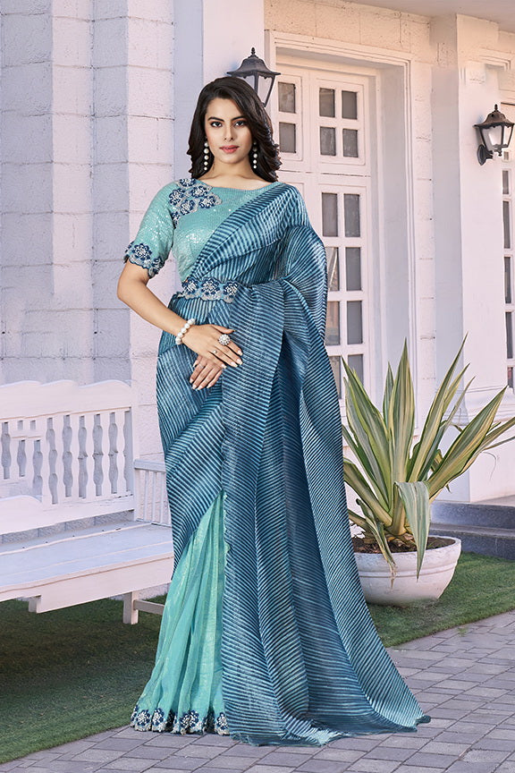 Blue Haze Embellished Crepe Satin Silk Saree