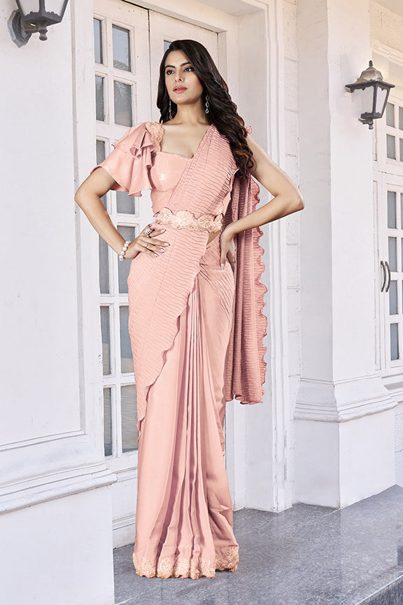 Nude Peach Ripple Embellished Crepe Satin Silk Saree