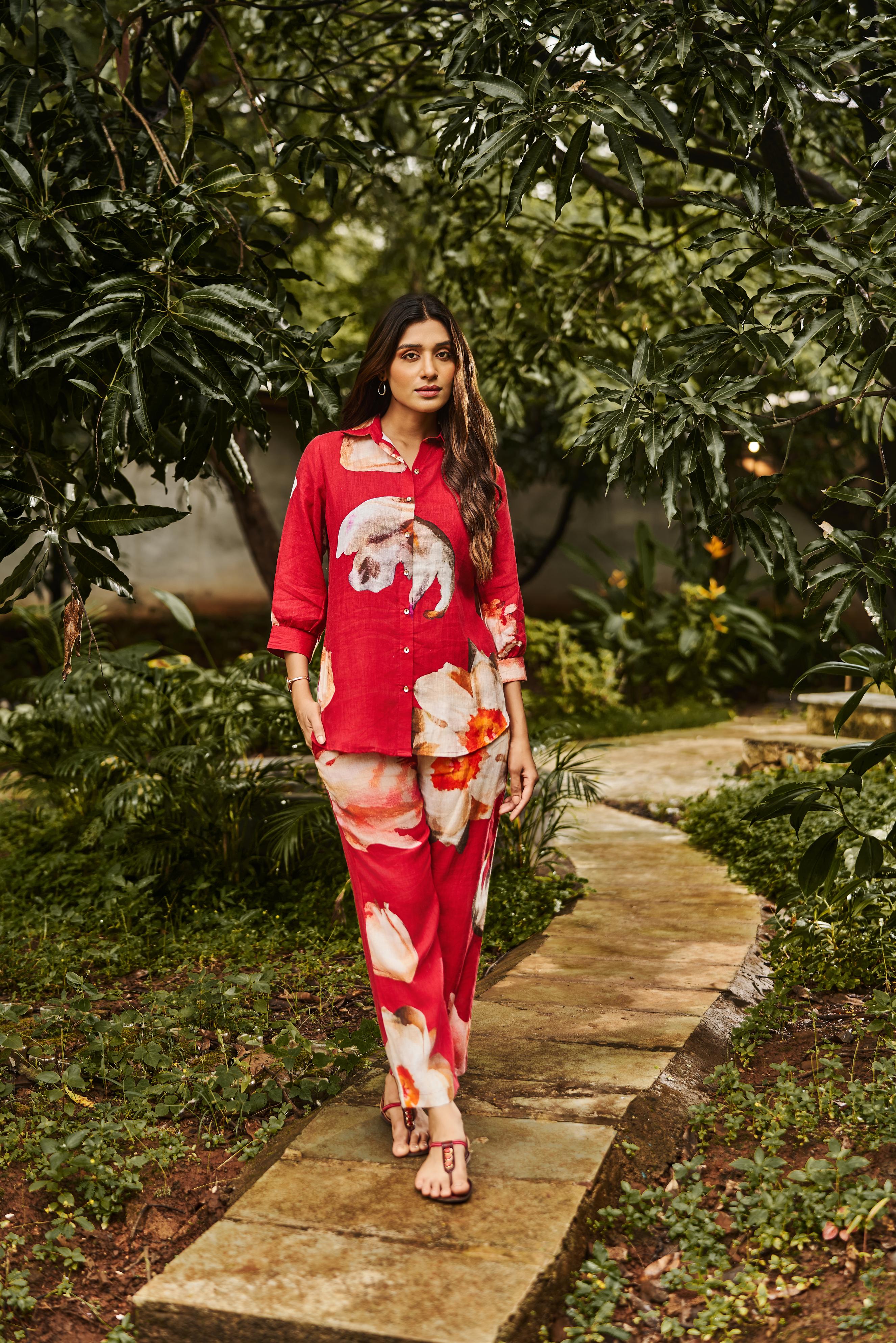 Vivid Red Floral Printed Belgium Linen Co-Ord Set