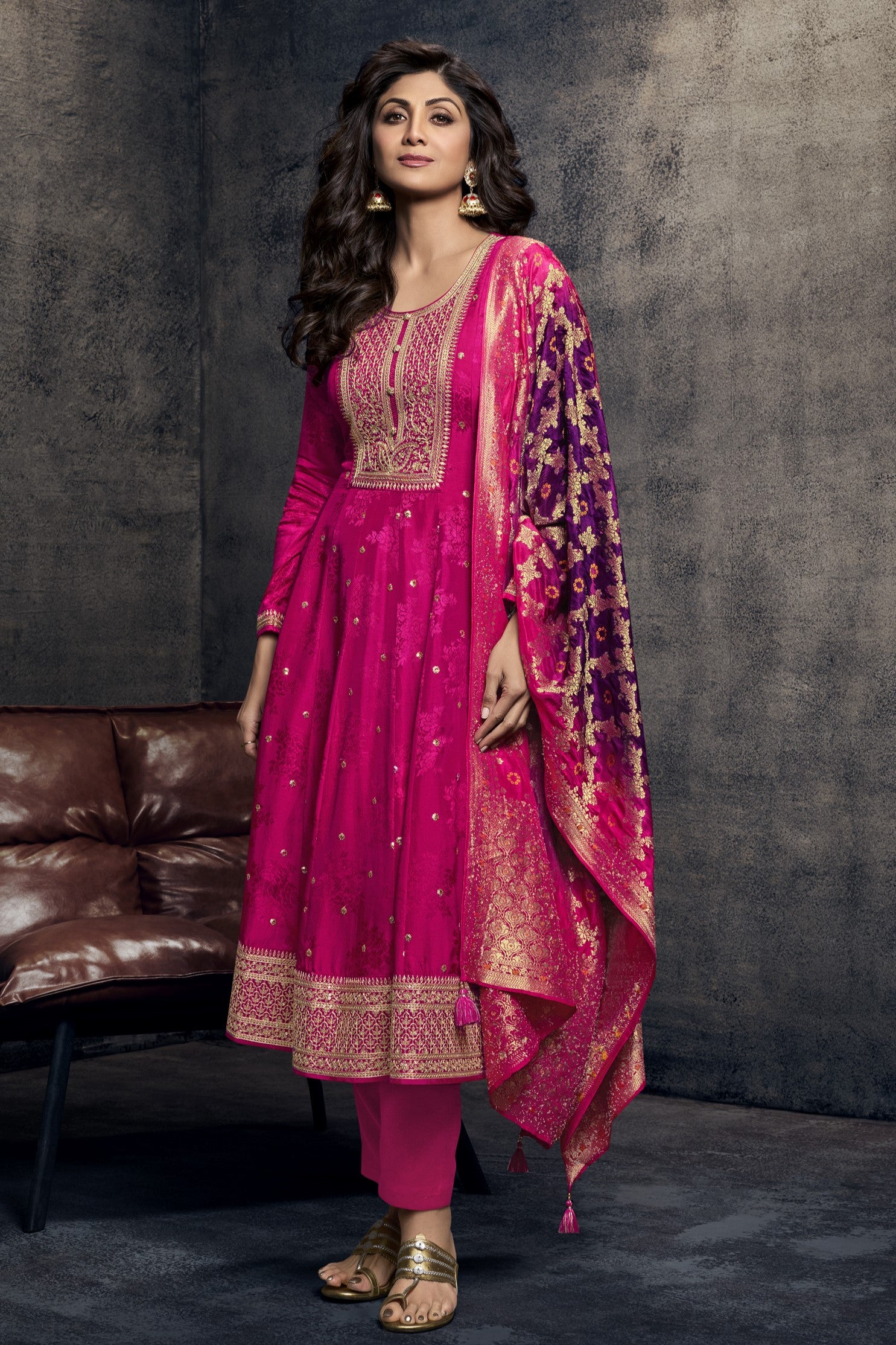 Rani Pink Embellished Chanderi Silk Anarkali Set