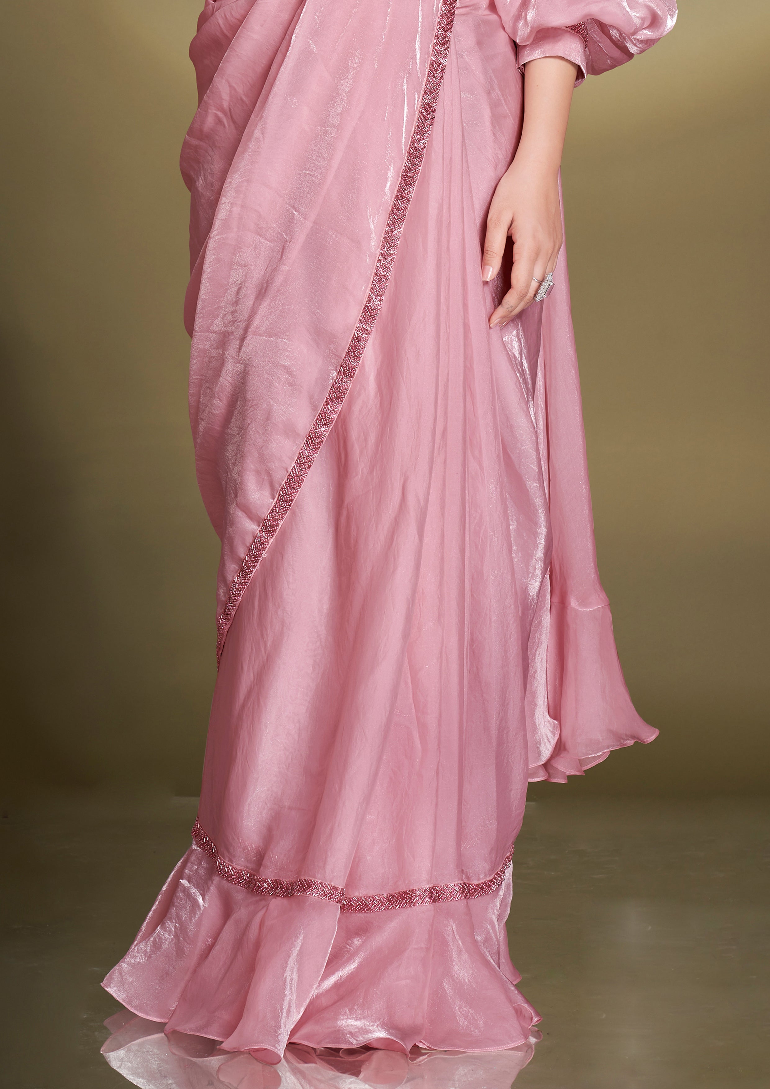 Onion Pink Embellished Satin Silk Saree
