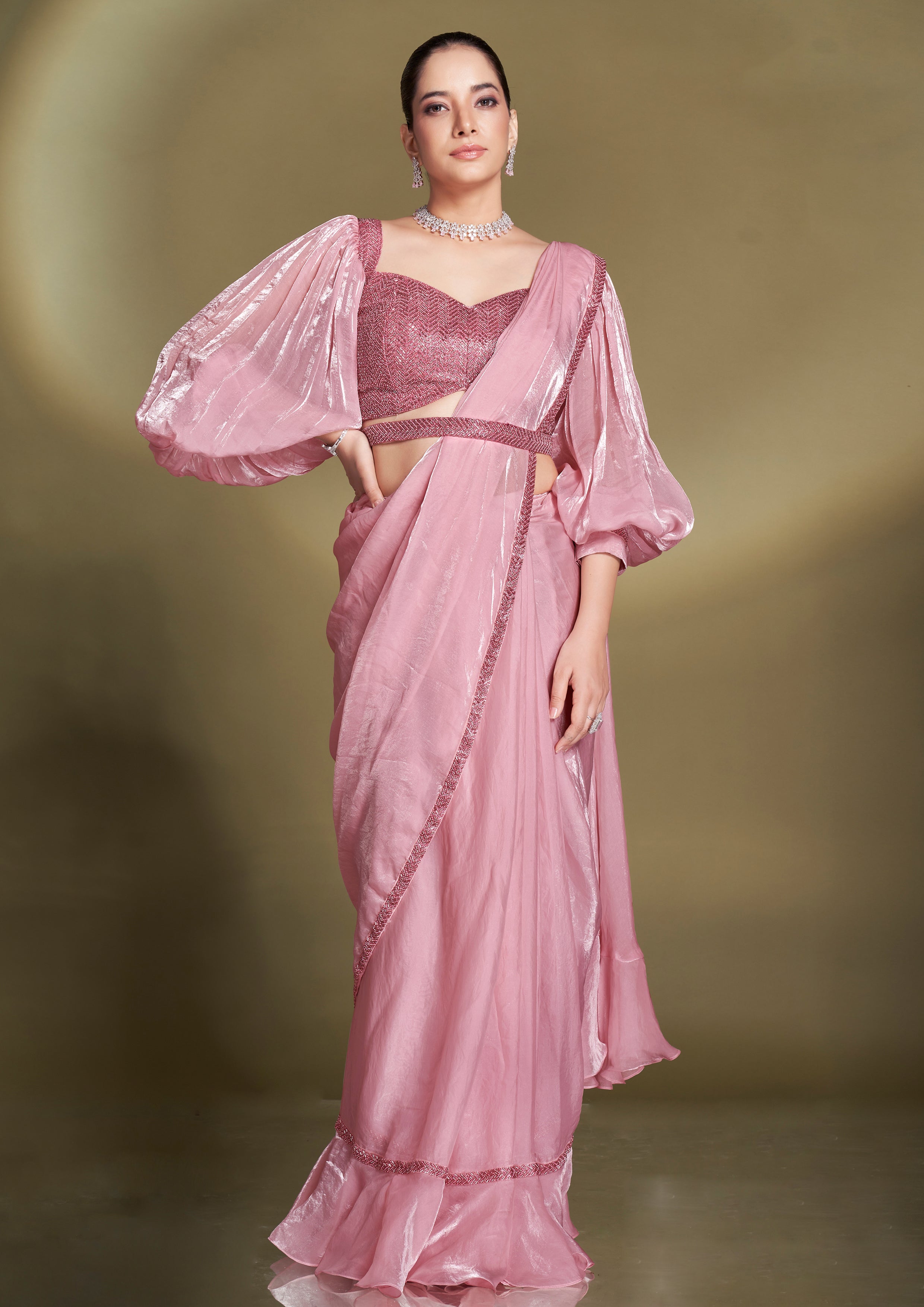 Onion Pink Embellished Satin Silk Saree