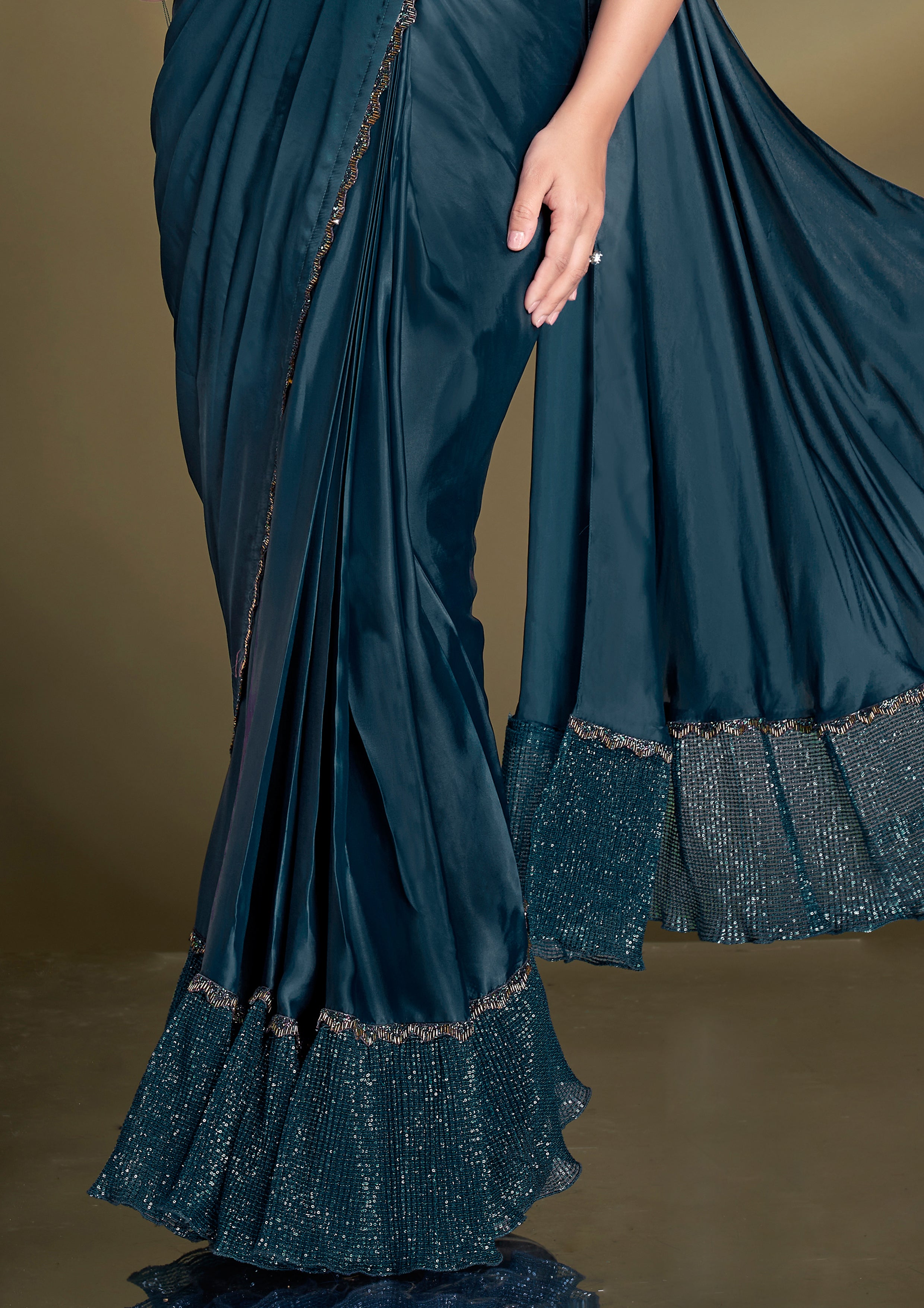 Dark Teal Embellished Crepe Satin Silk