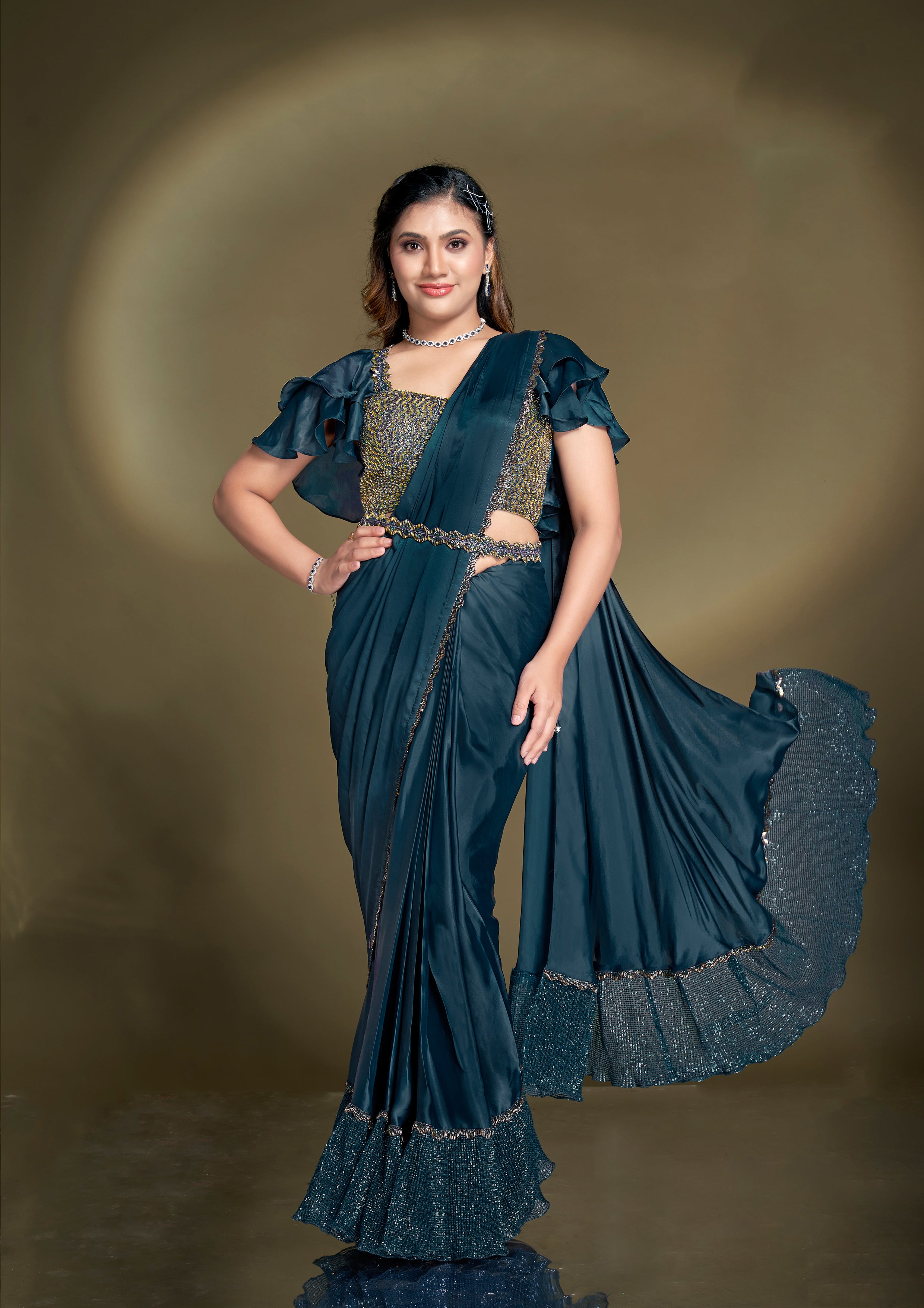 Dark Teal Embellished Crepe Satin Silk