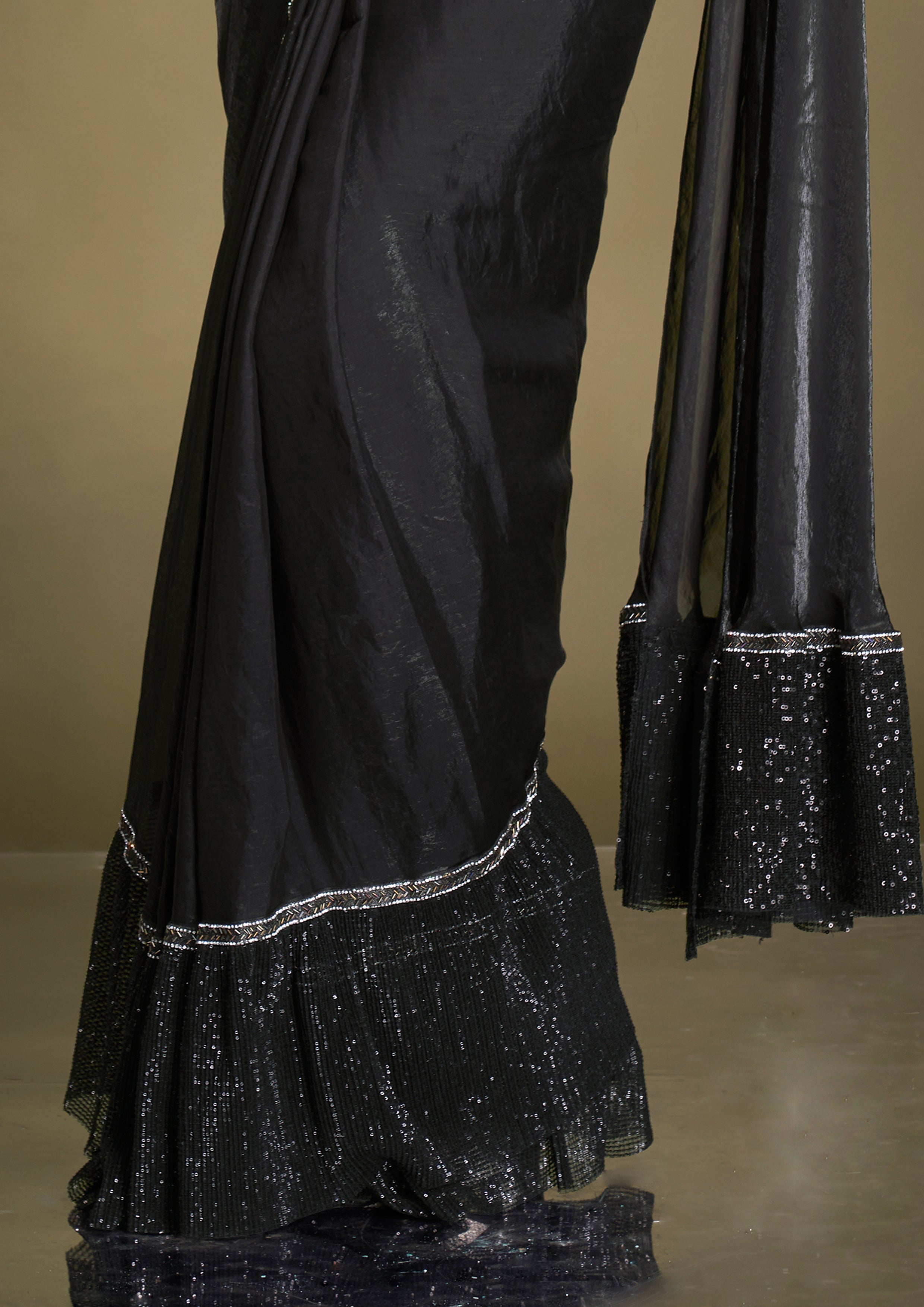 Coal Black Embellished Satin Silk Saree