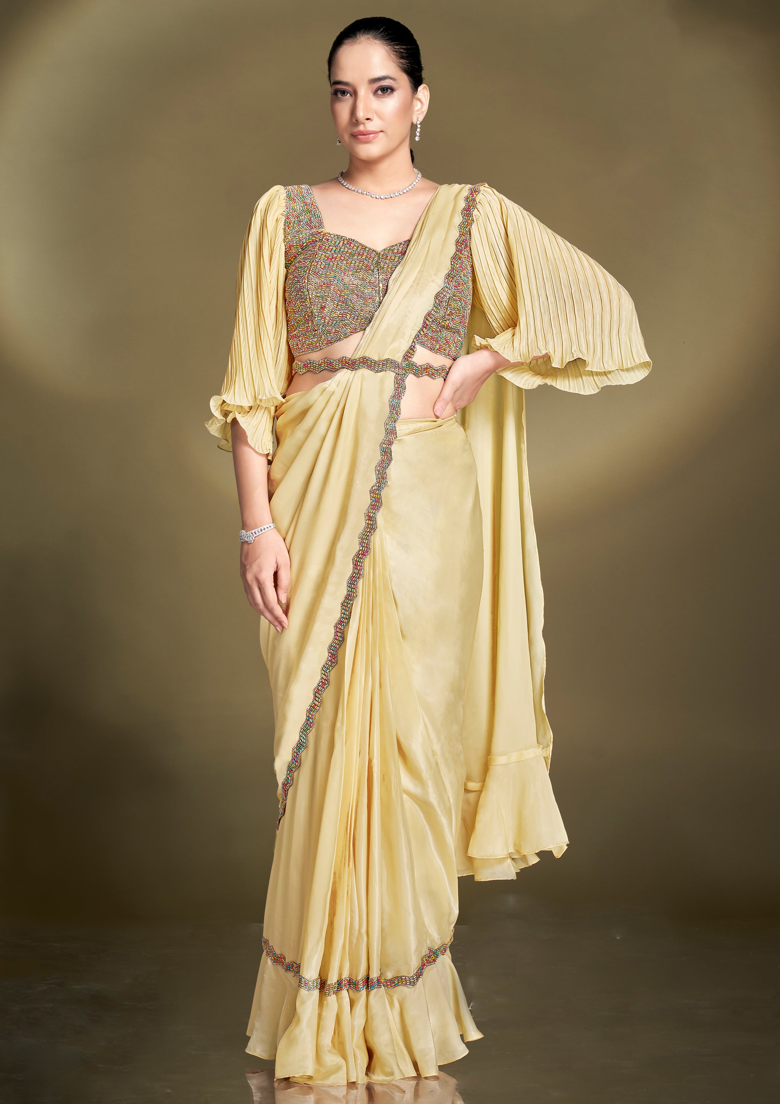 Butter Yellow Embellished Crepe Satin Silk Saree