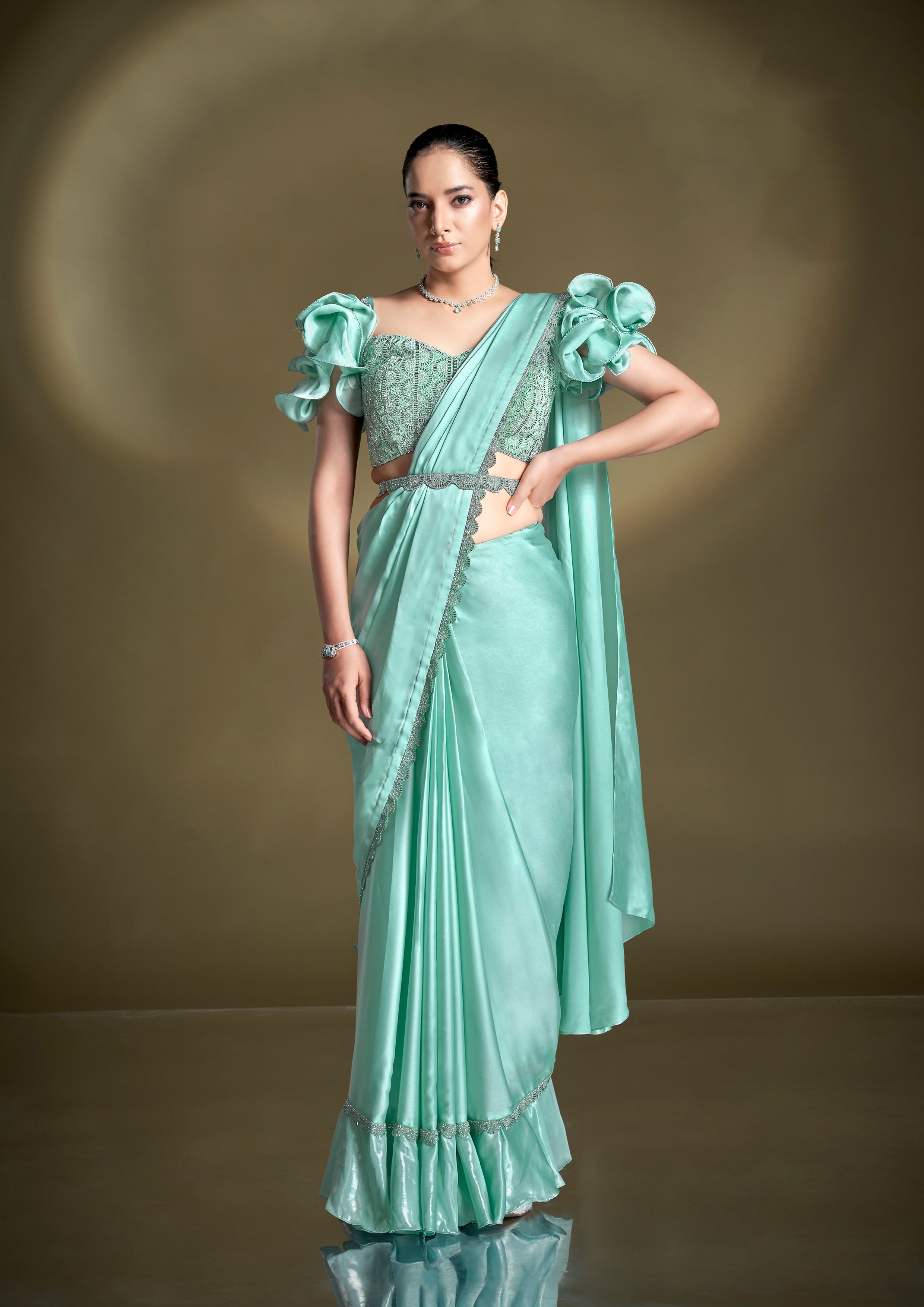 Light Turquoise Embellished Crepe Satin Silk Saree