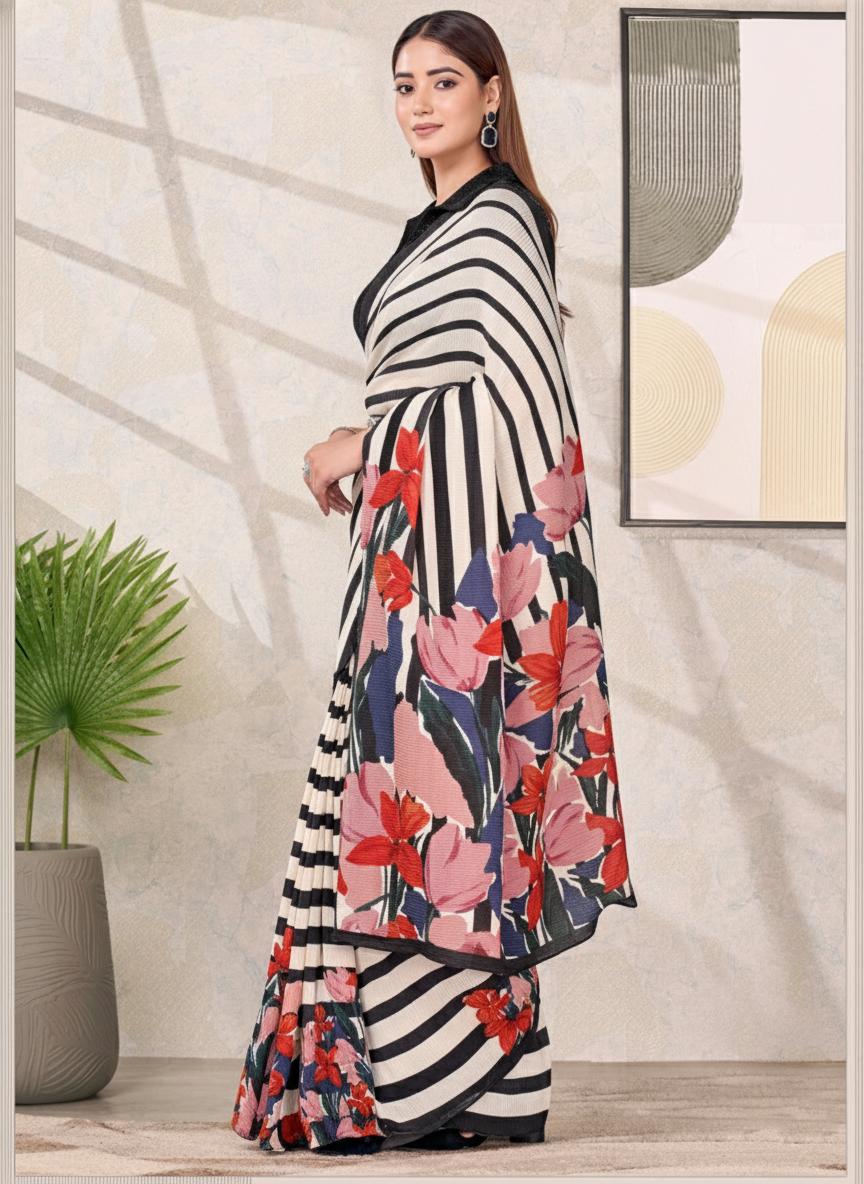 Monochrome Striped Satin Silk Saree with Floral Pallu