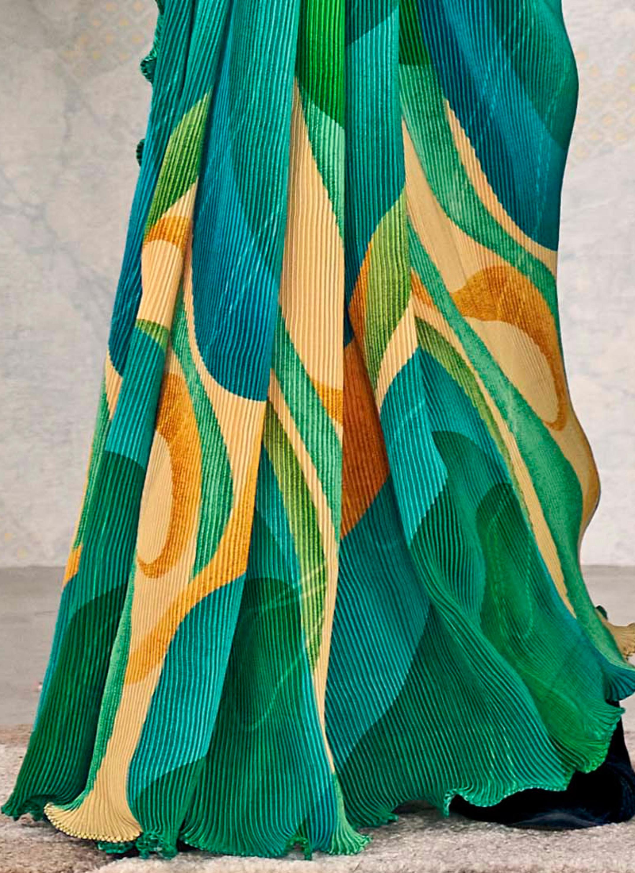 Green Swirl Satin Silk Saree