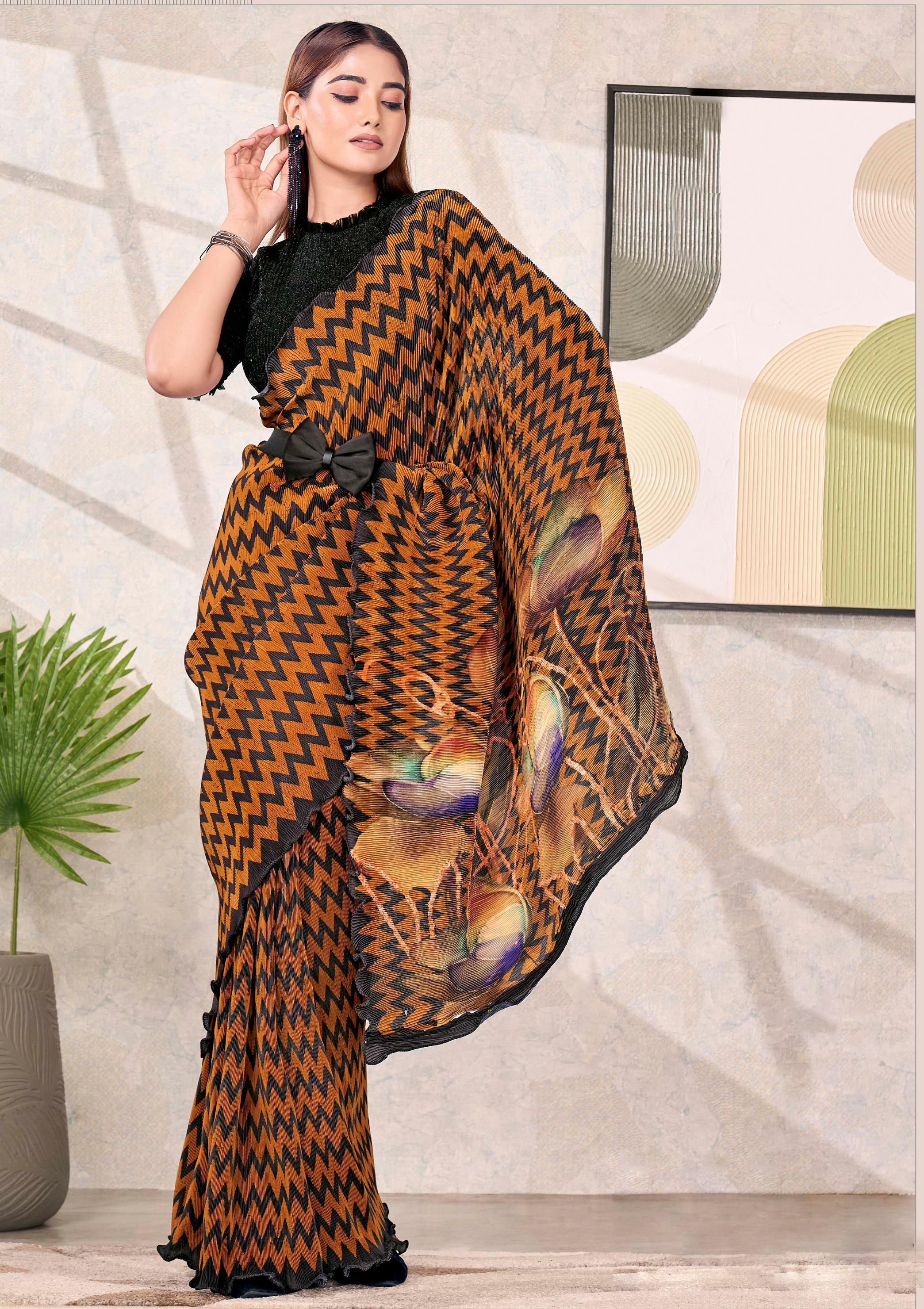 Black & Gold Satin Silk Saree