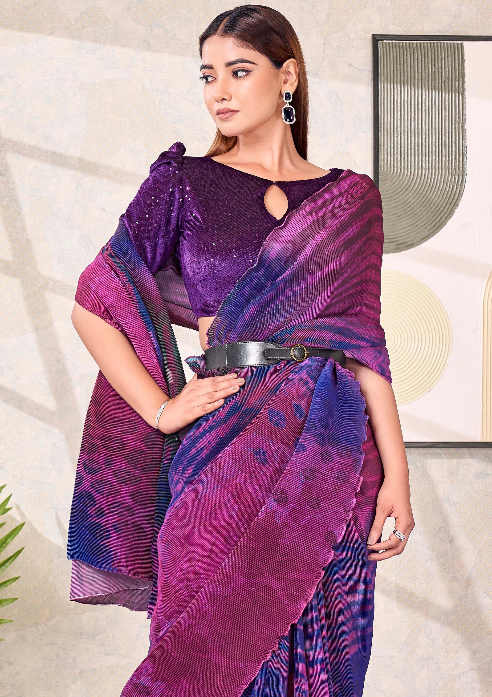 Purple Satin Silk Saree with Belt