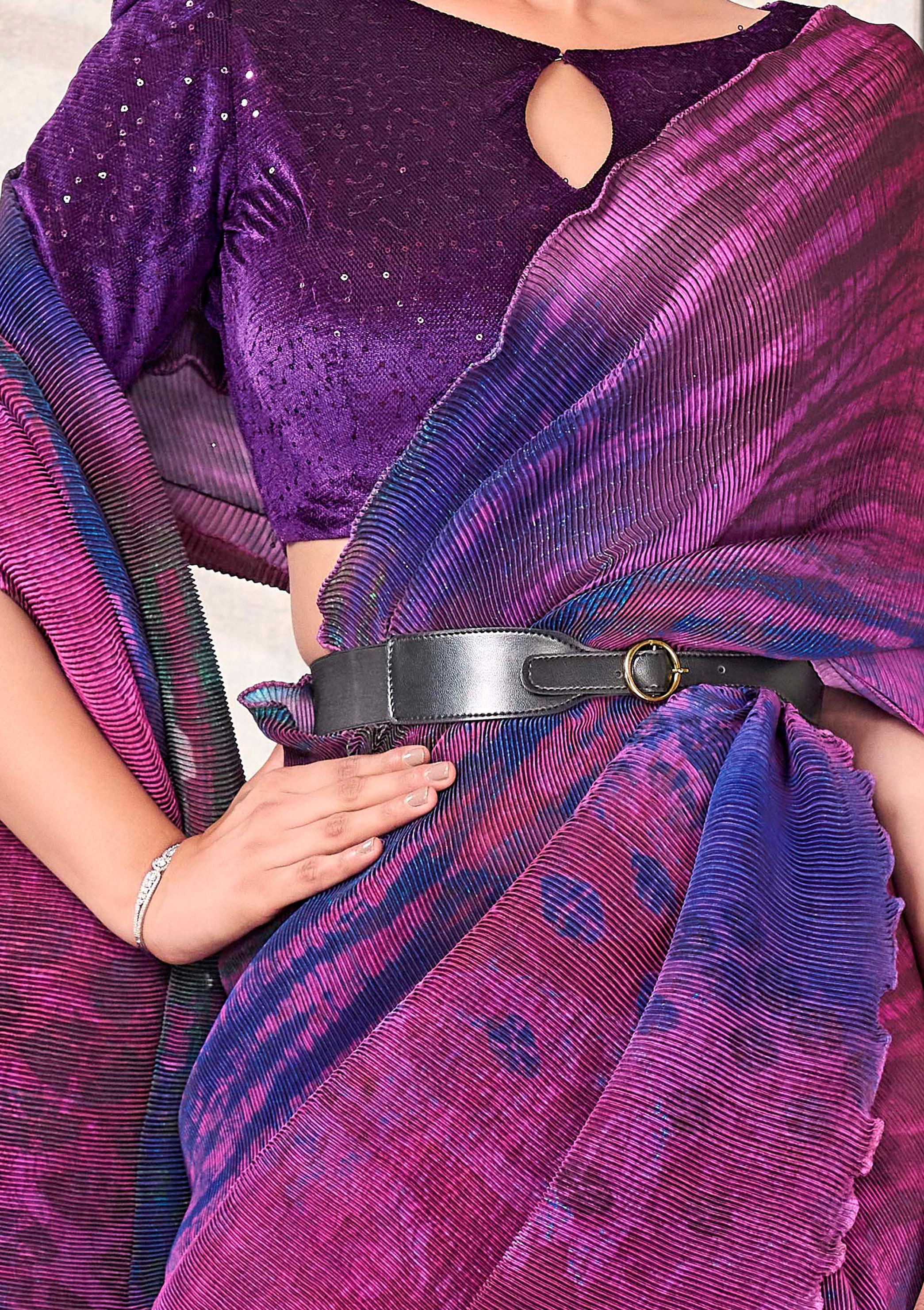 Purple Satin Silk Saree with Belt