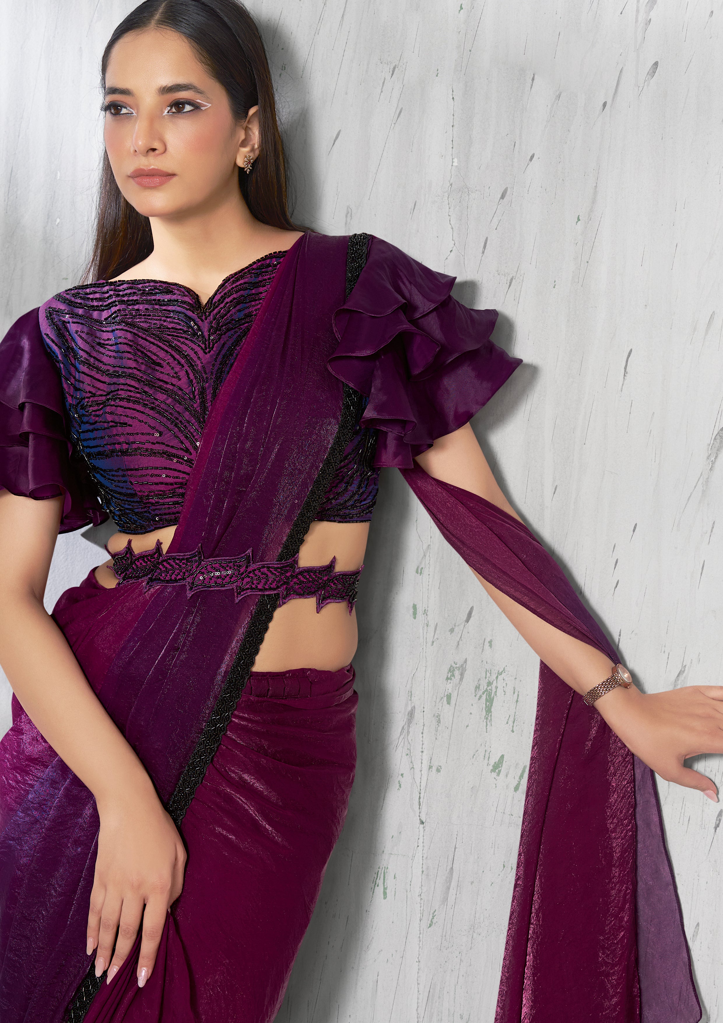 Mulberry Purple Embellished Jimmy Choo Silk Saree