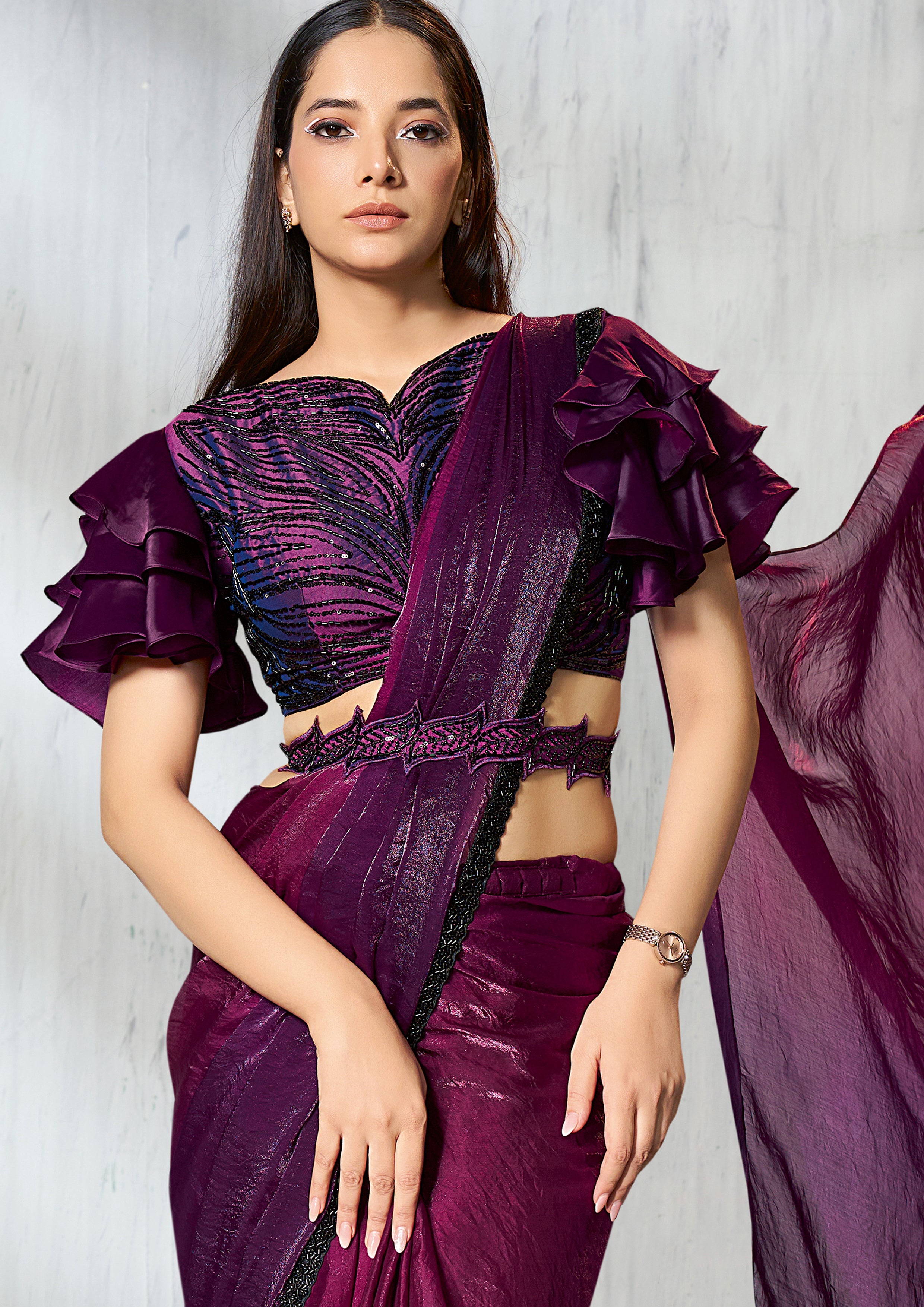 Mulberry Purple Embellished Jimmy Choo Silk Saree