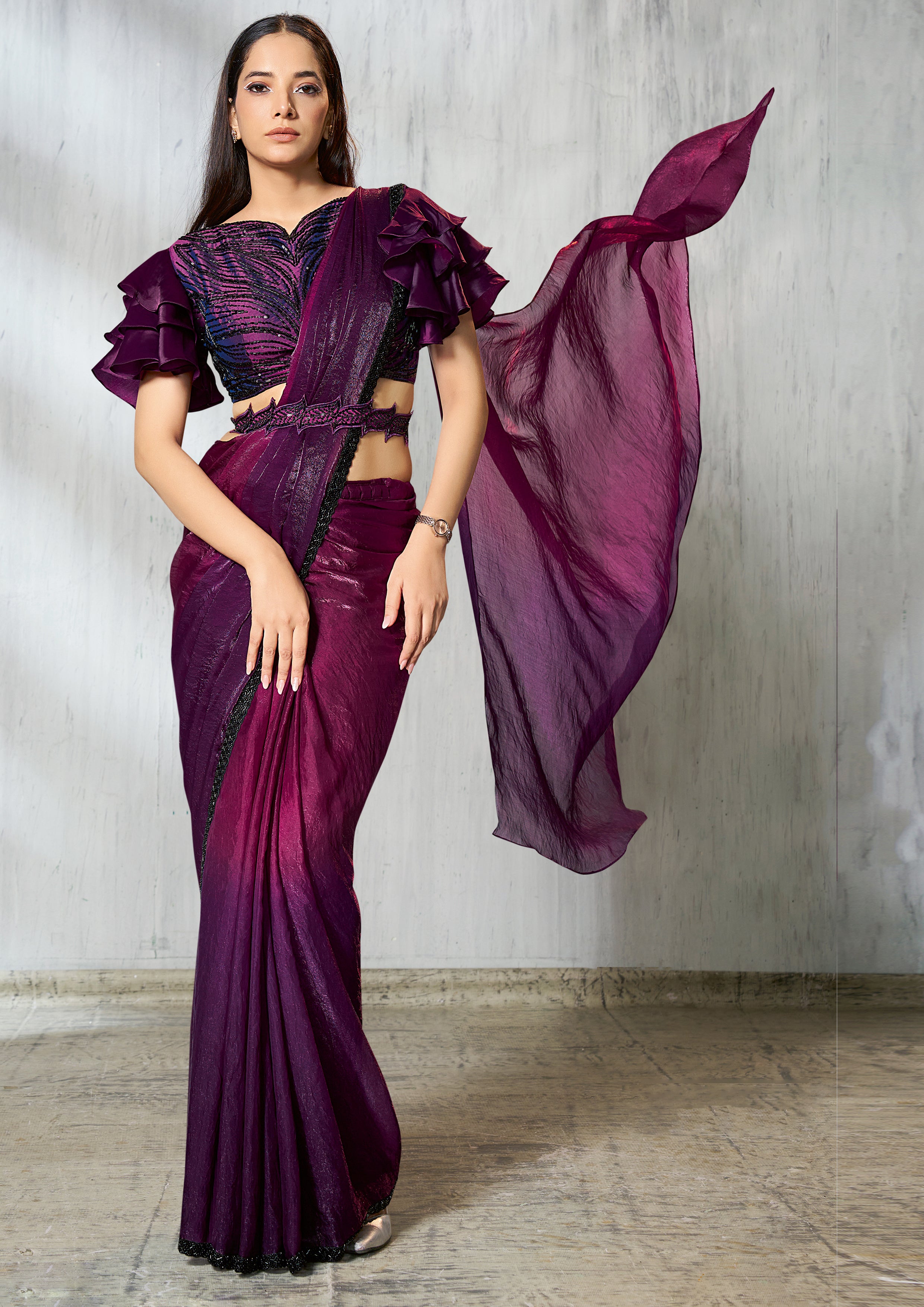 Mulberry Purple Embellished Jimmy Choo Silk Saree