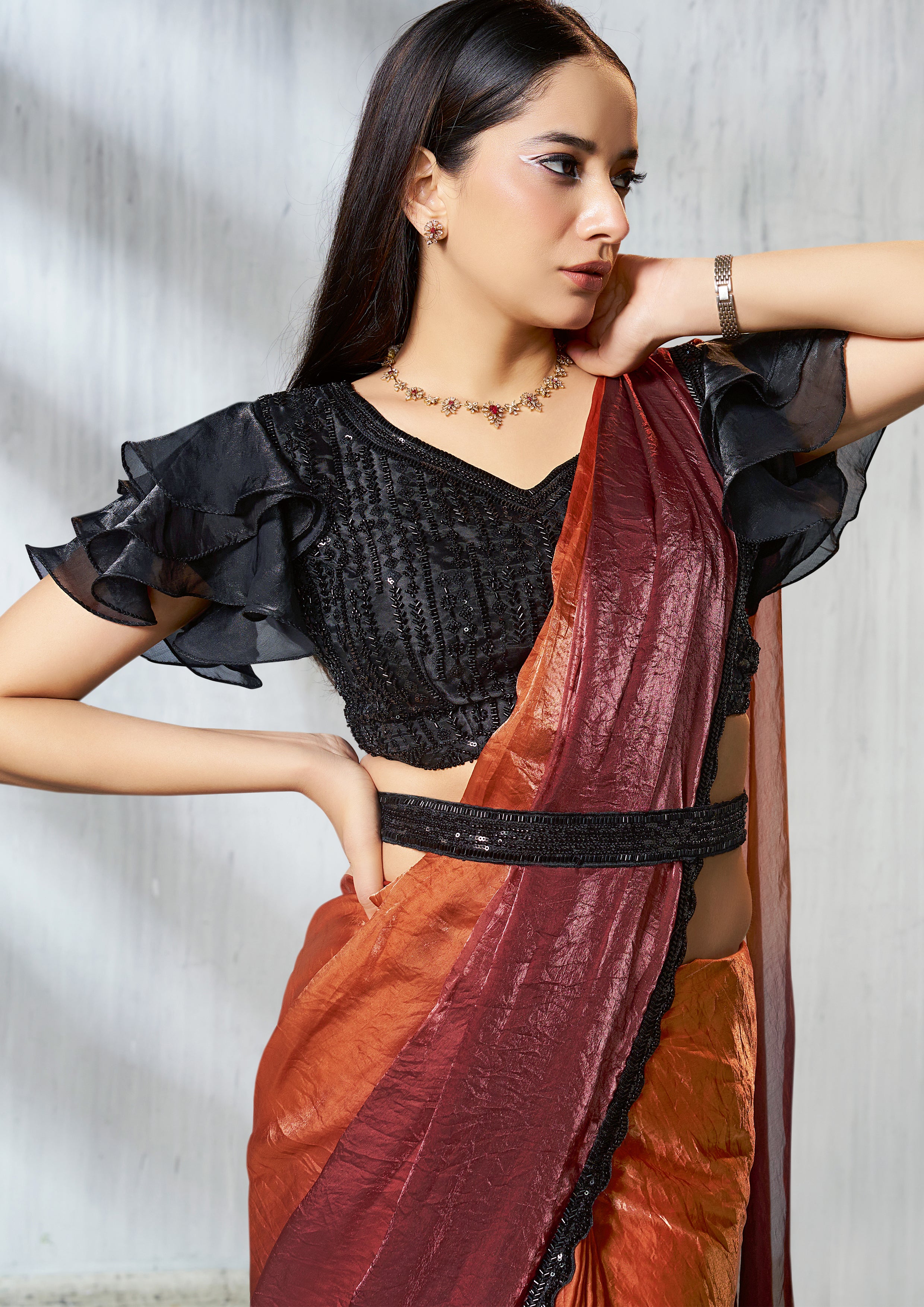 Burnt Orange Dual Tone Jimmy Choo Silk Saree