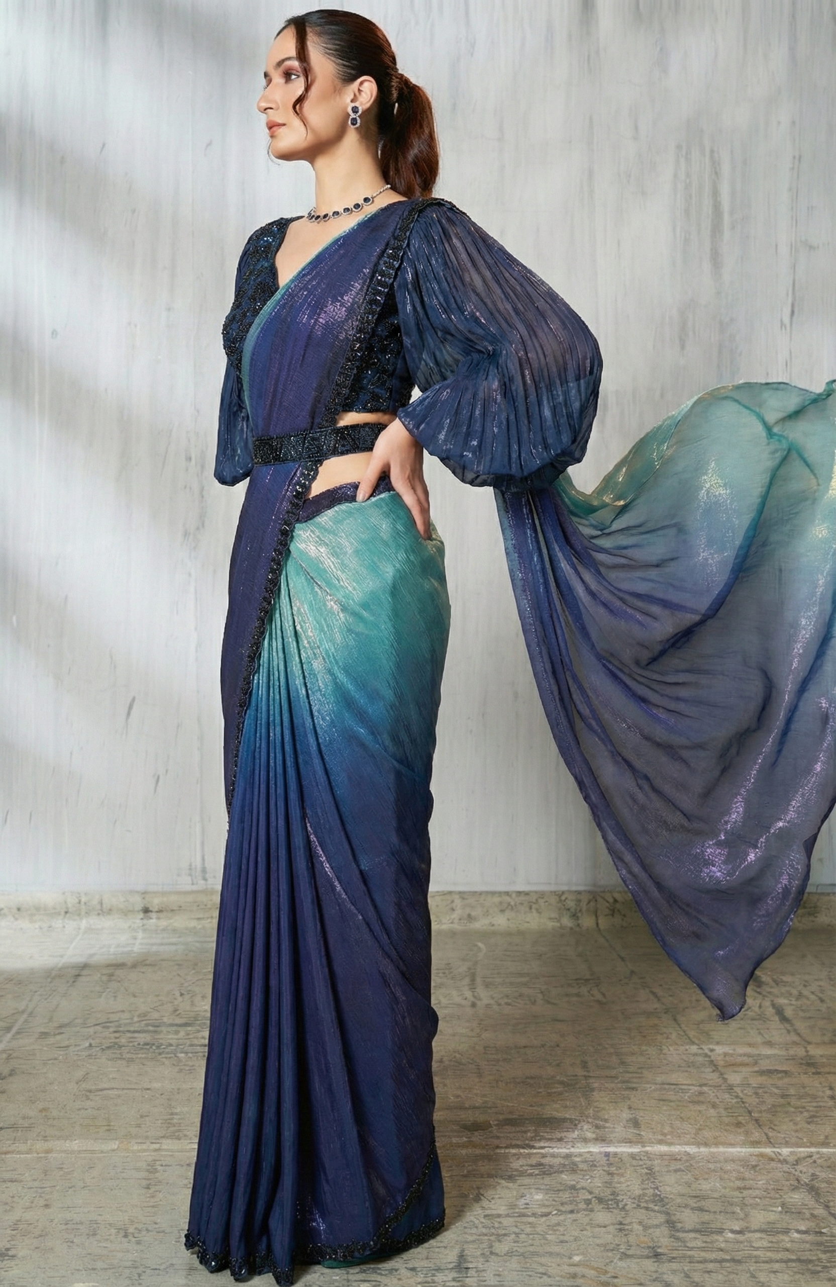 Midnight Blue Dual Tone Jimmy Choo Silk Saree