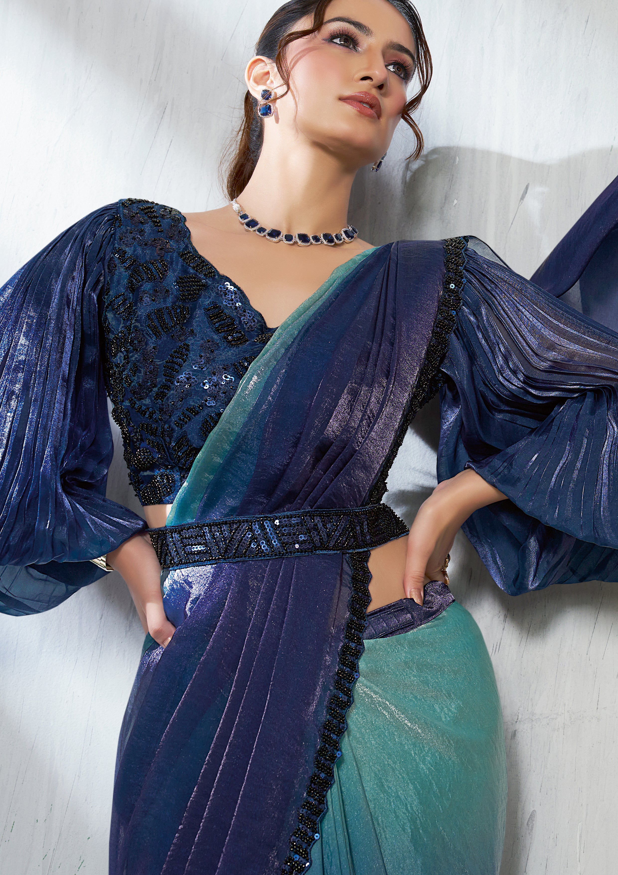 Midnight Blue Dual Tone Jimmy Choo Silk Saree