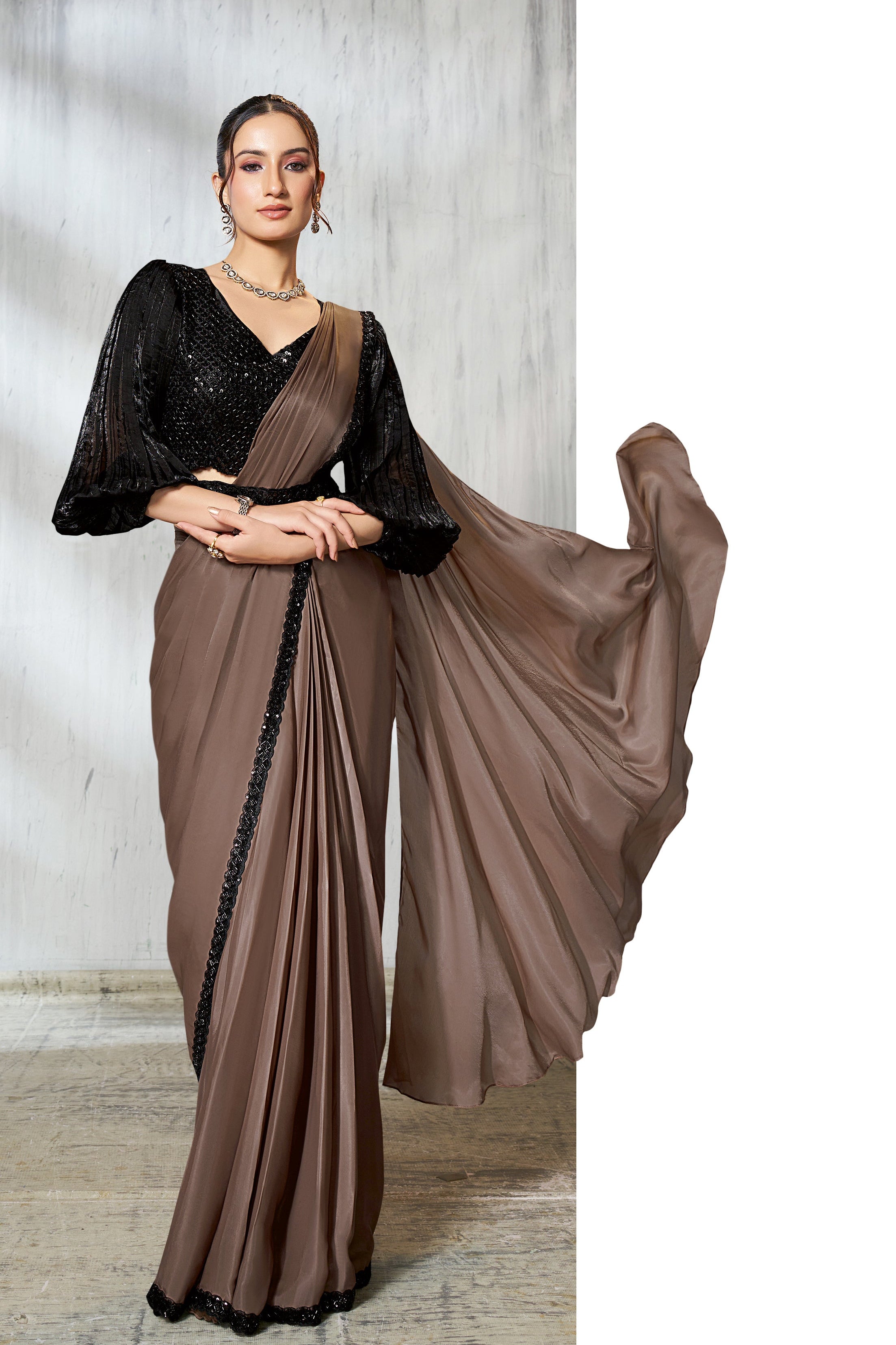 Coffee Brown Embellished Satin Silk Saree