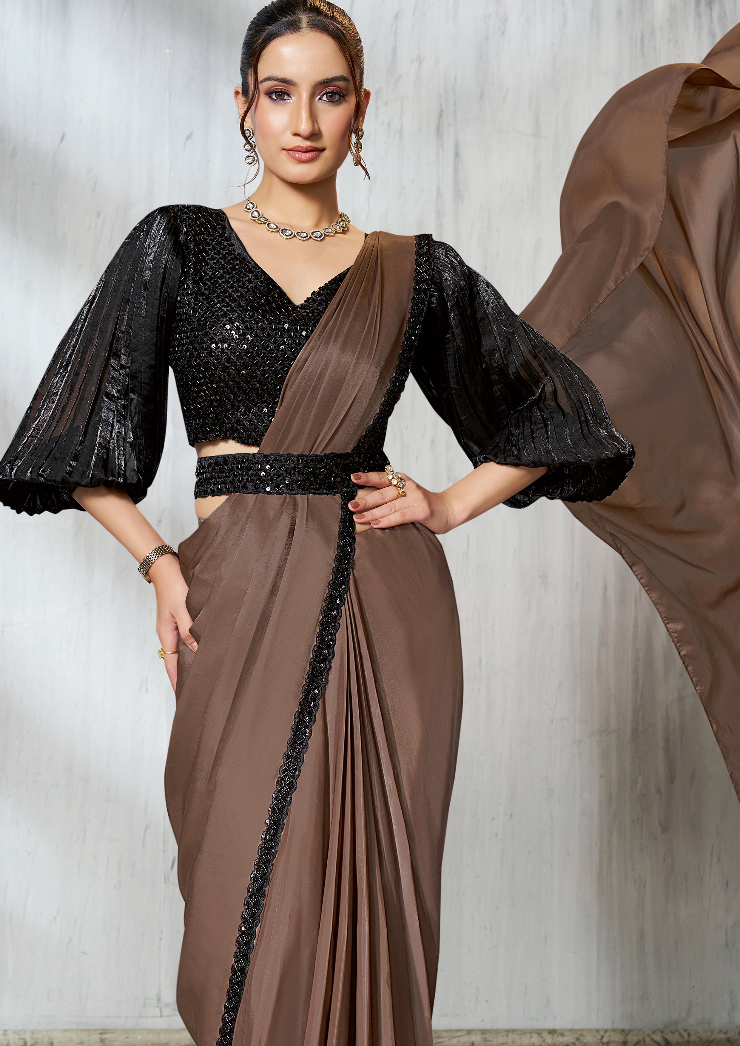 Coffee Brown Embellished Satin Silk Saree