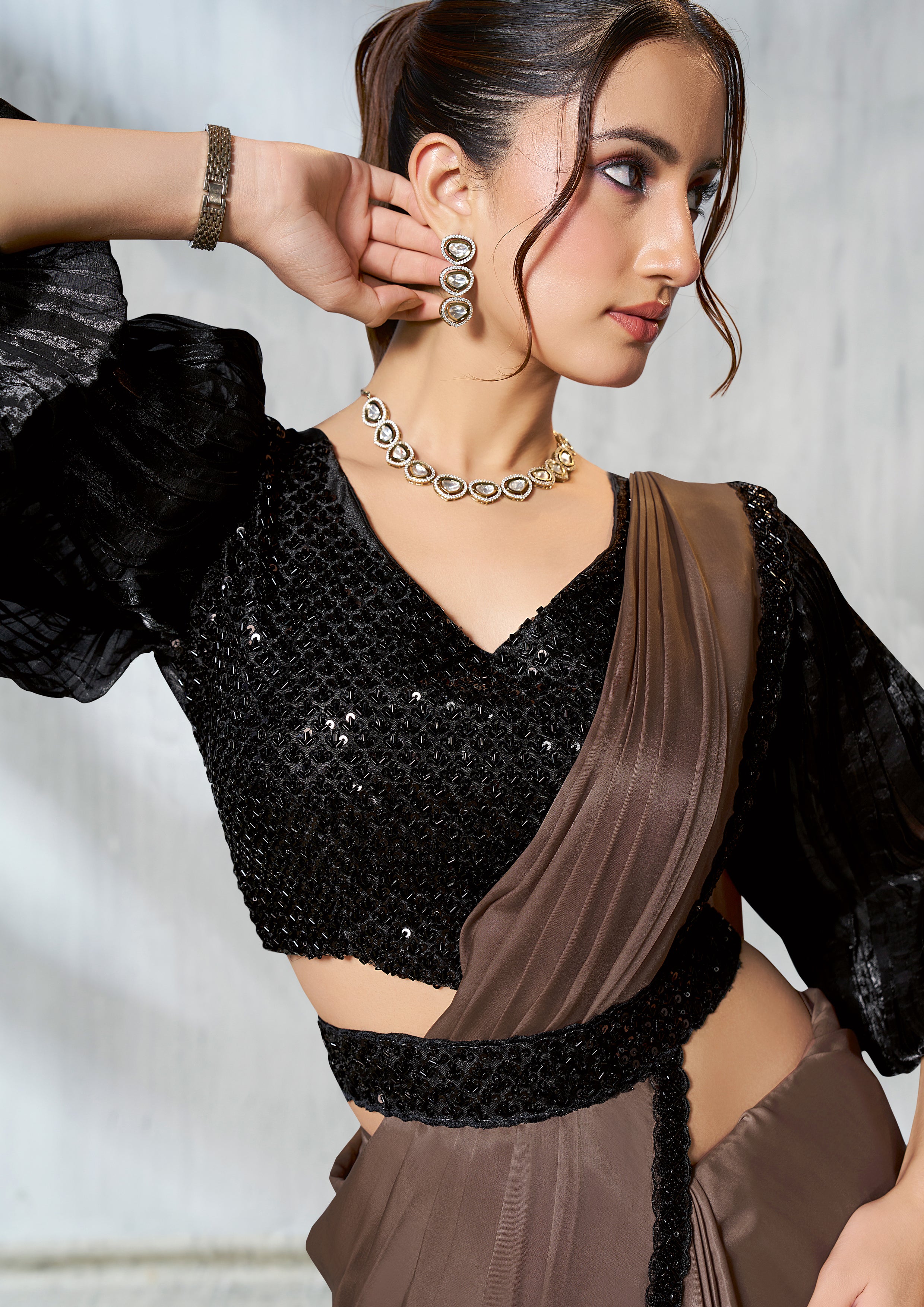 Coffee Brown Embellished Satin Silk Saree