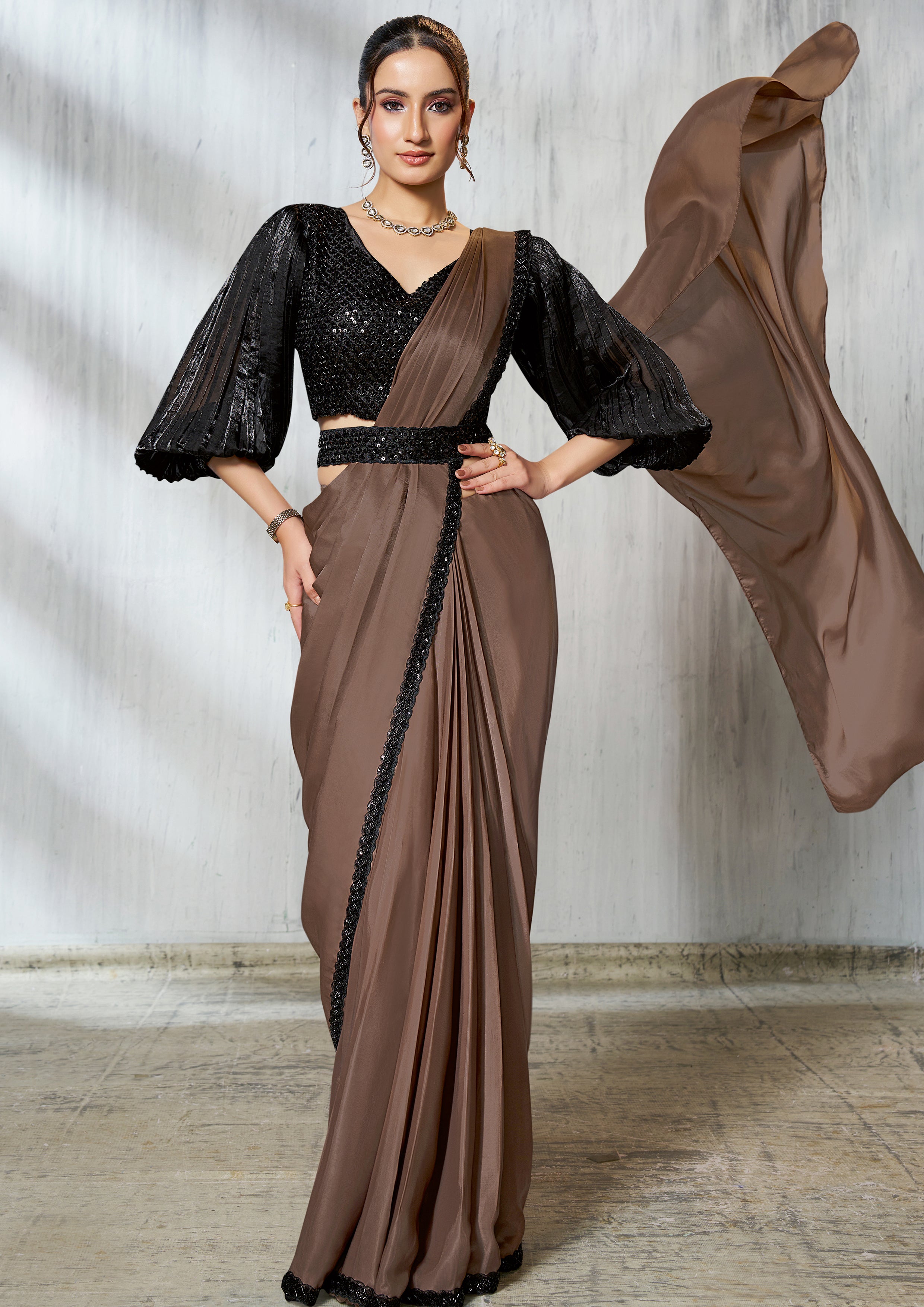 Coffee Brown Embellished Satin Silk Saree
