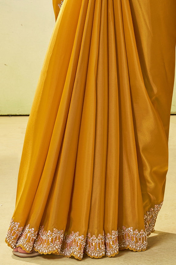 Mustard Yellow Embellished Satin Silk Saree