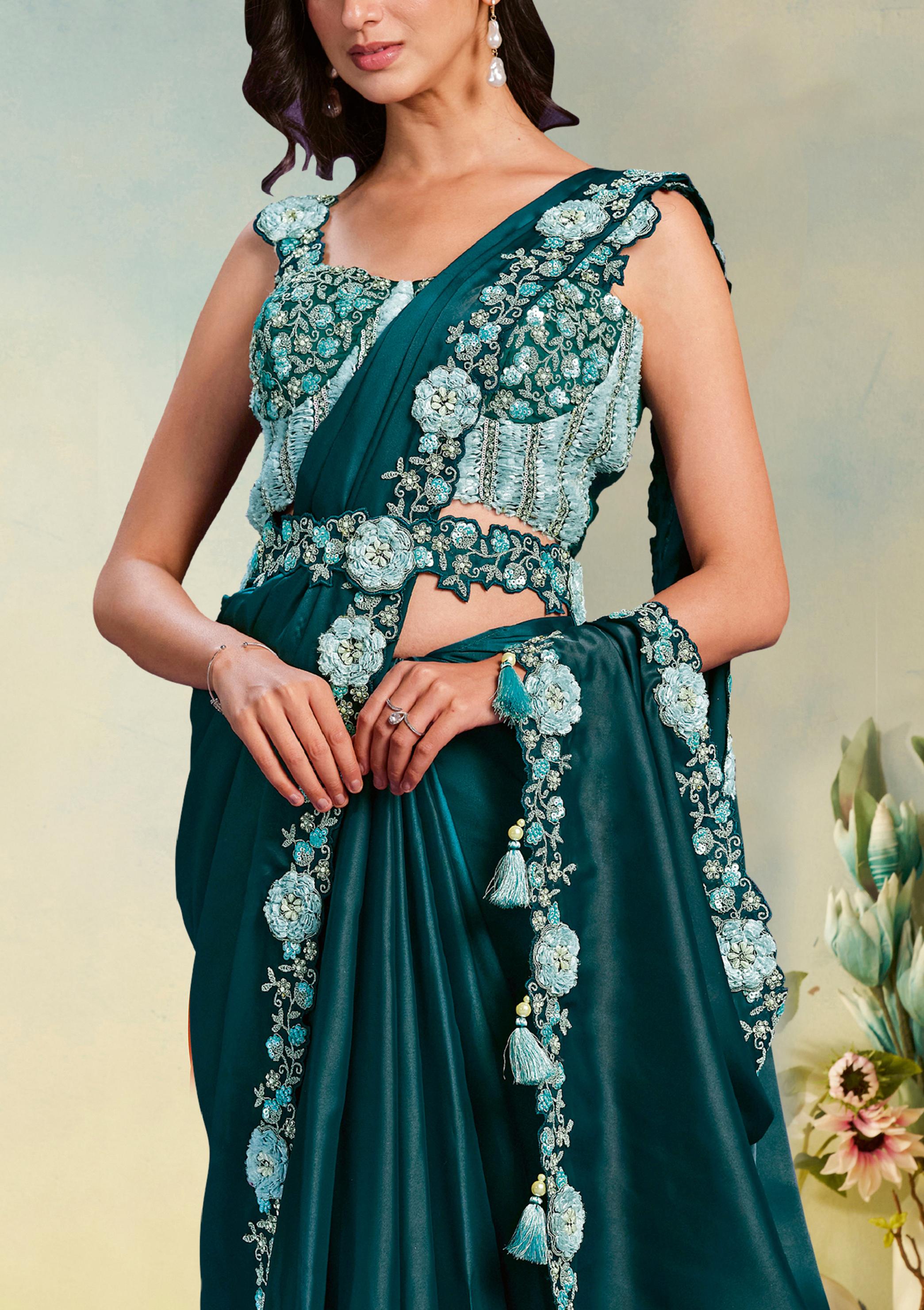 Teal Satin Silk Saree with Pearl & Stone Work