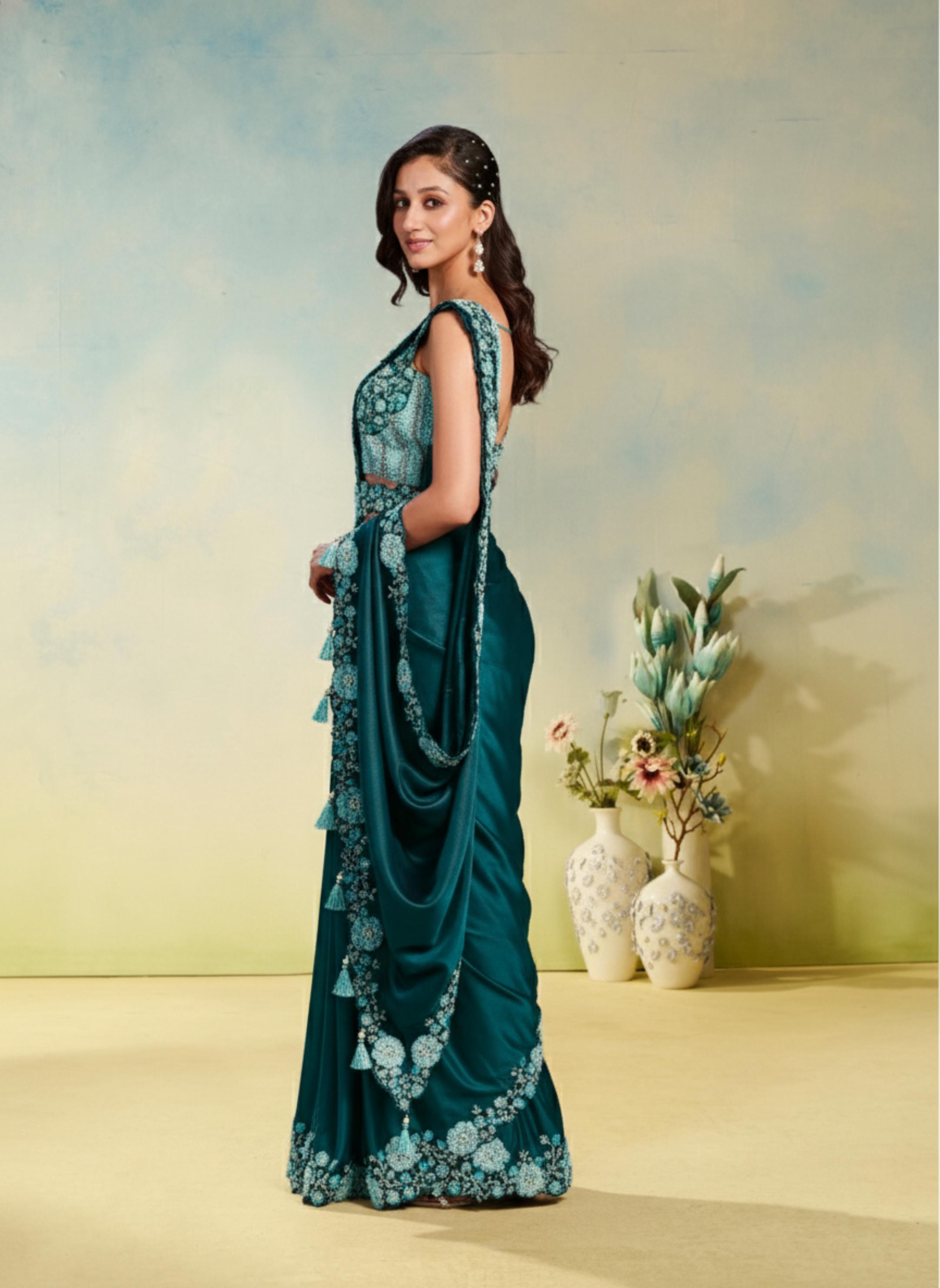 Teal Satin Silk Saree with Pearl & Stone Work