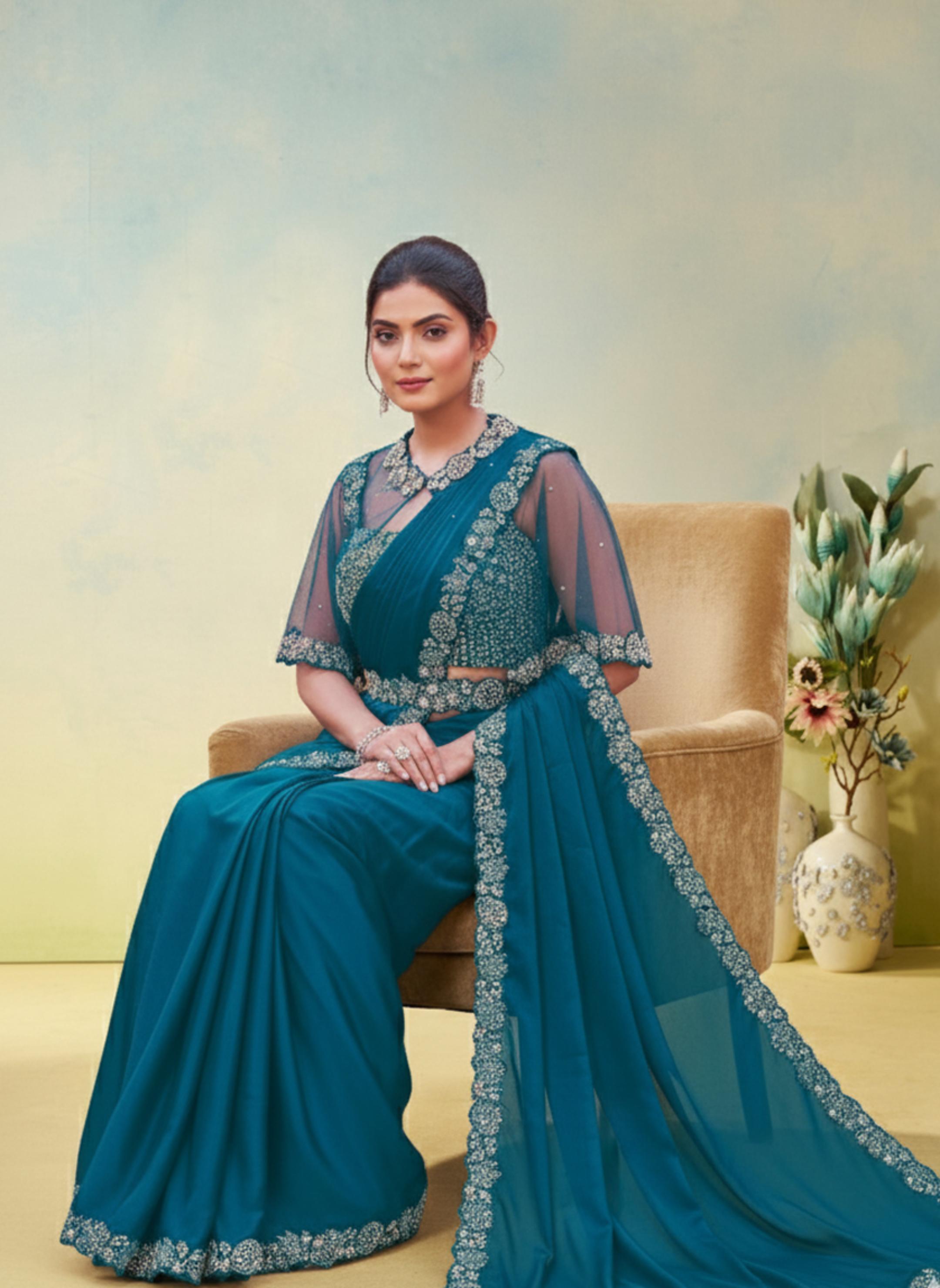 Sapphire Embellished Crepe Satin Silk Draped Saree