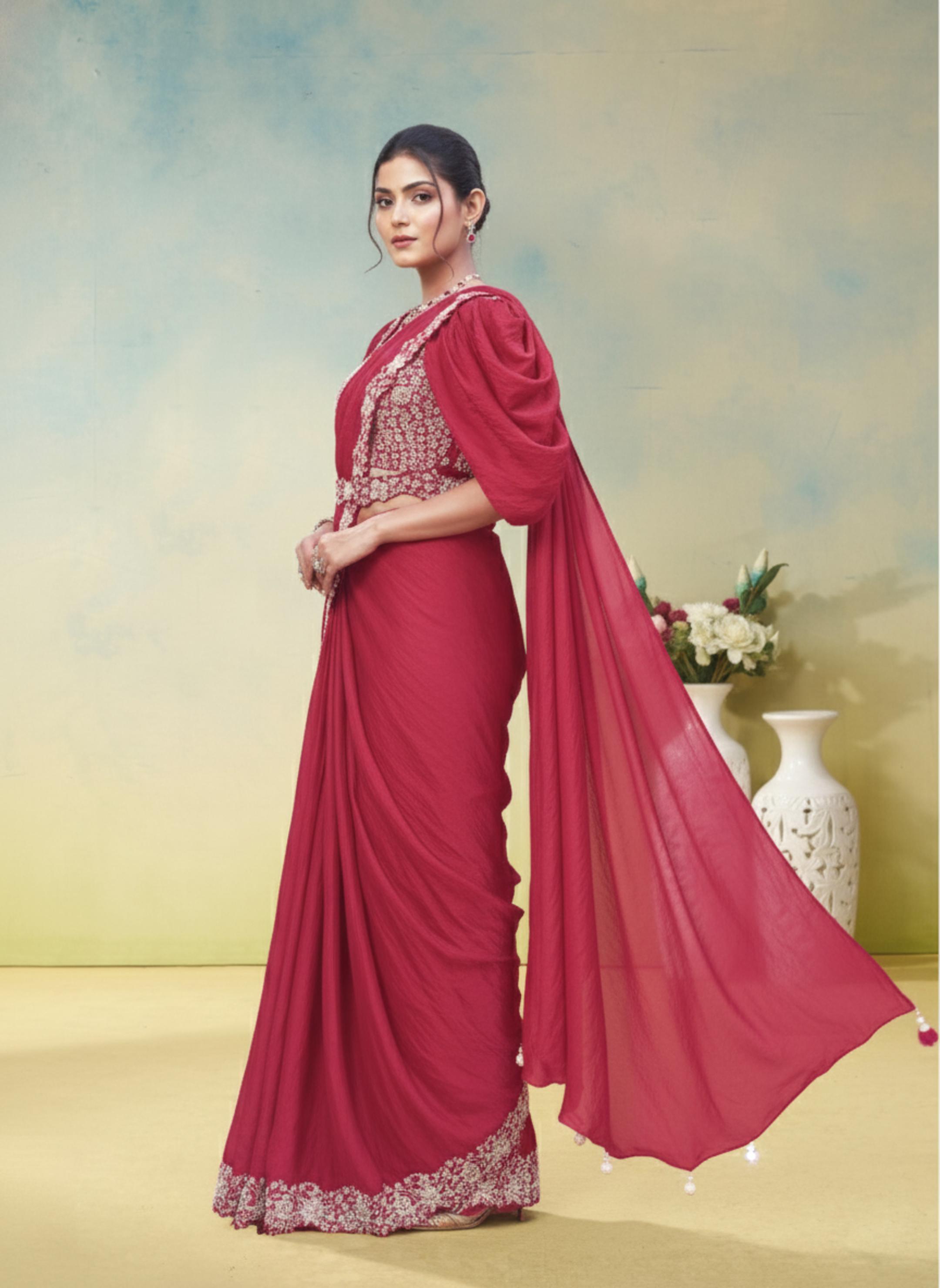 Carrot Pink Embellished Satin Silk Draped Saree