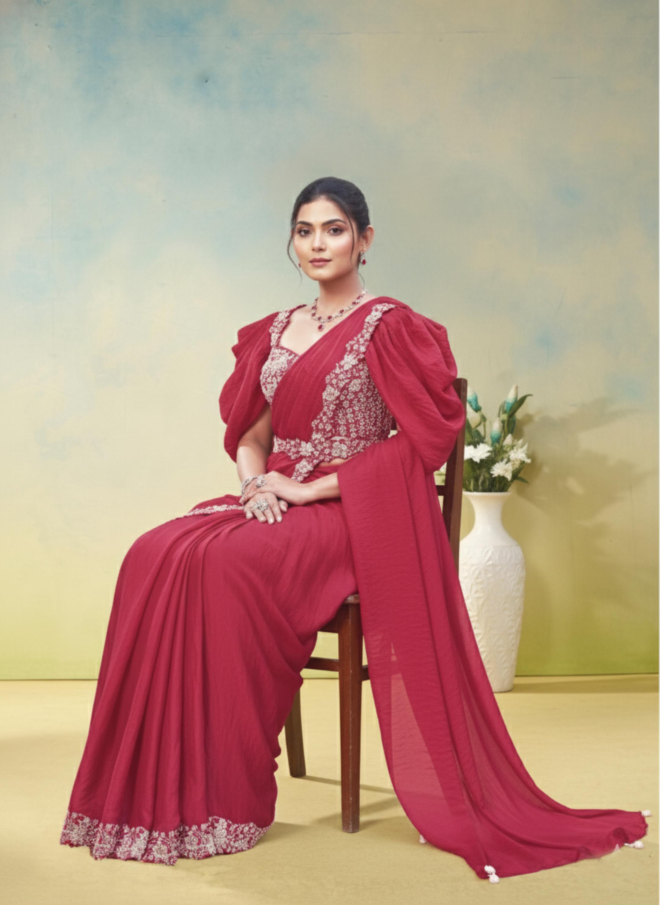 Carrot Pink Embellished Satin Silk Draped Saree