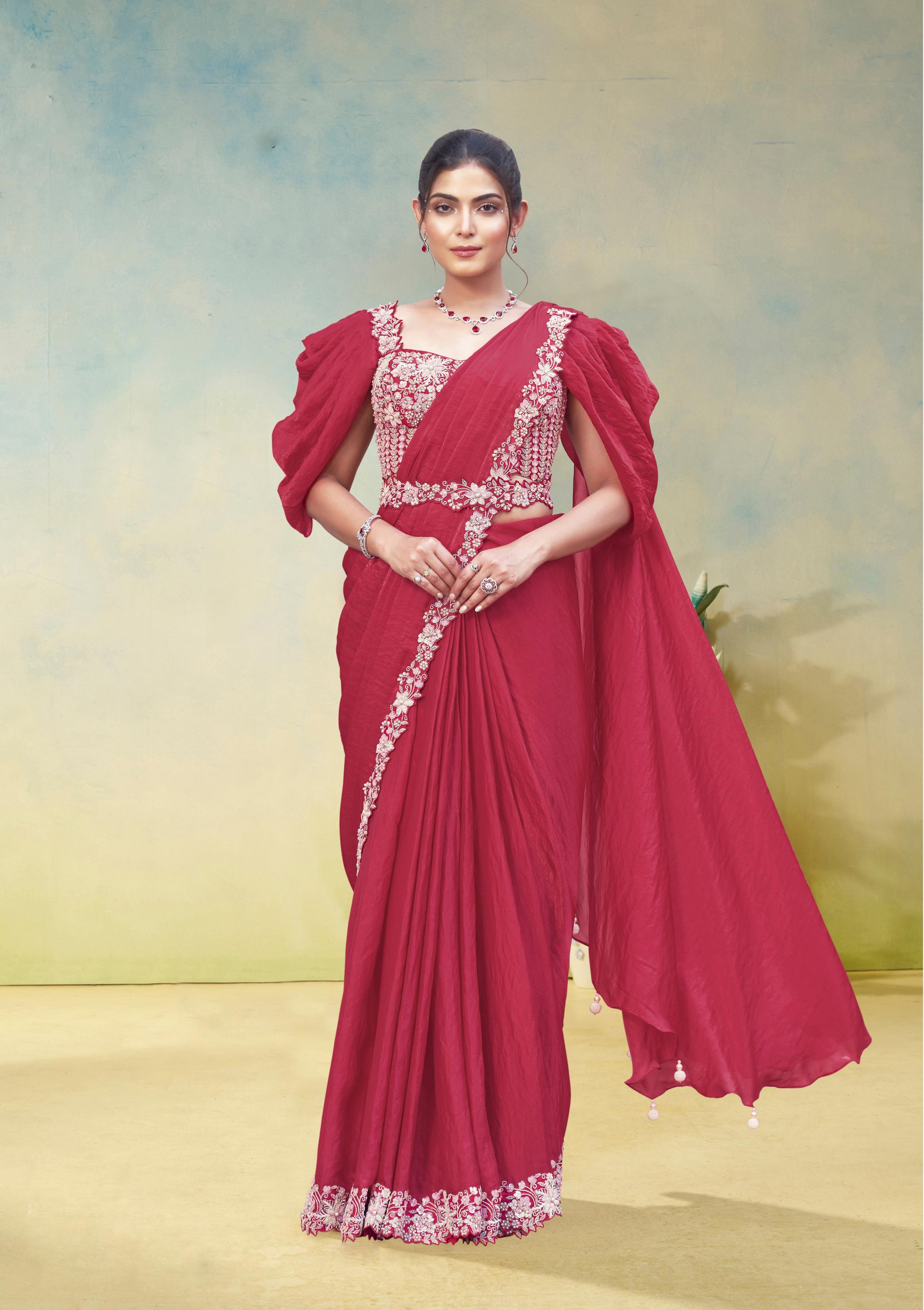 Carrot Pink Embellished Satin Silk Draped Saree