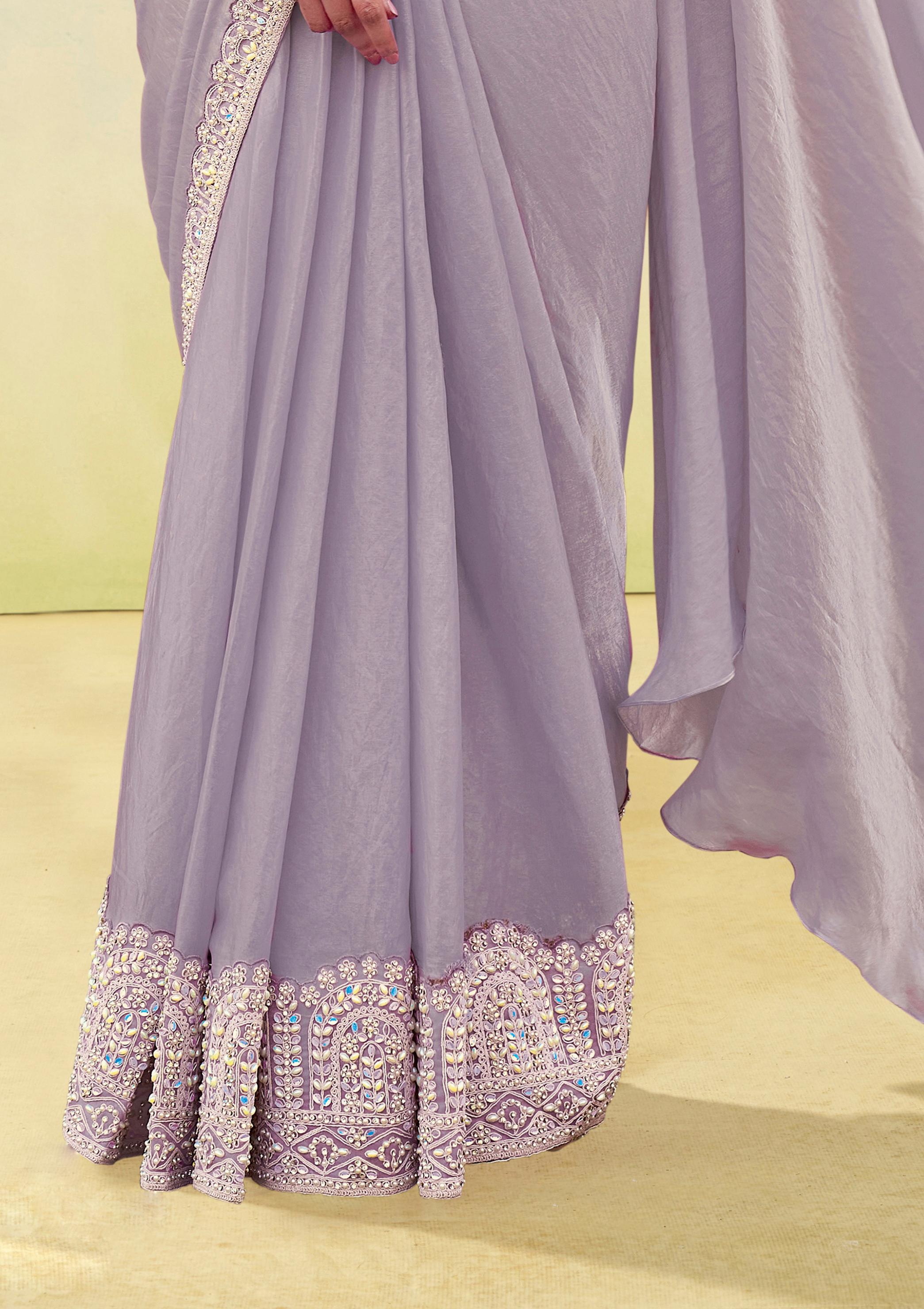 Dusty Lilac Embellished Satin Silk Draped Saree